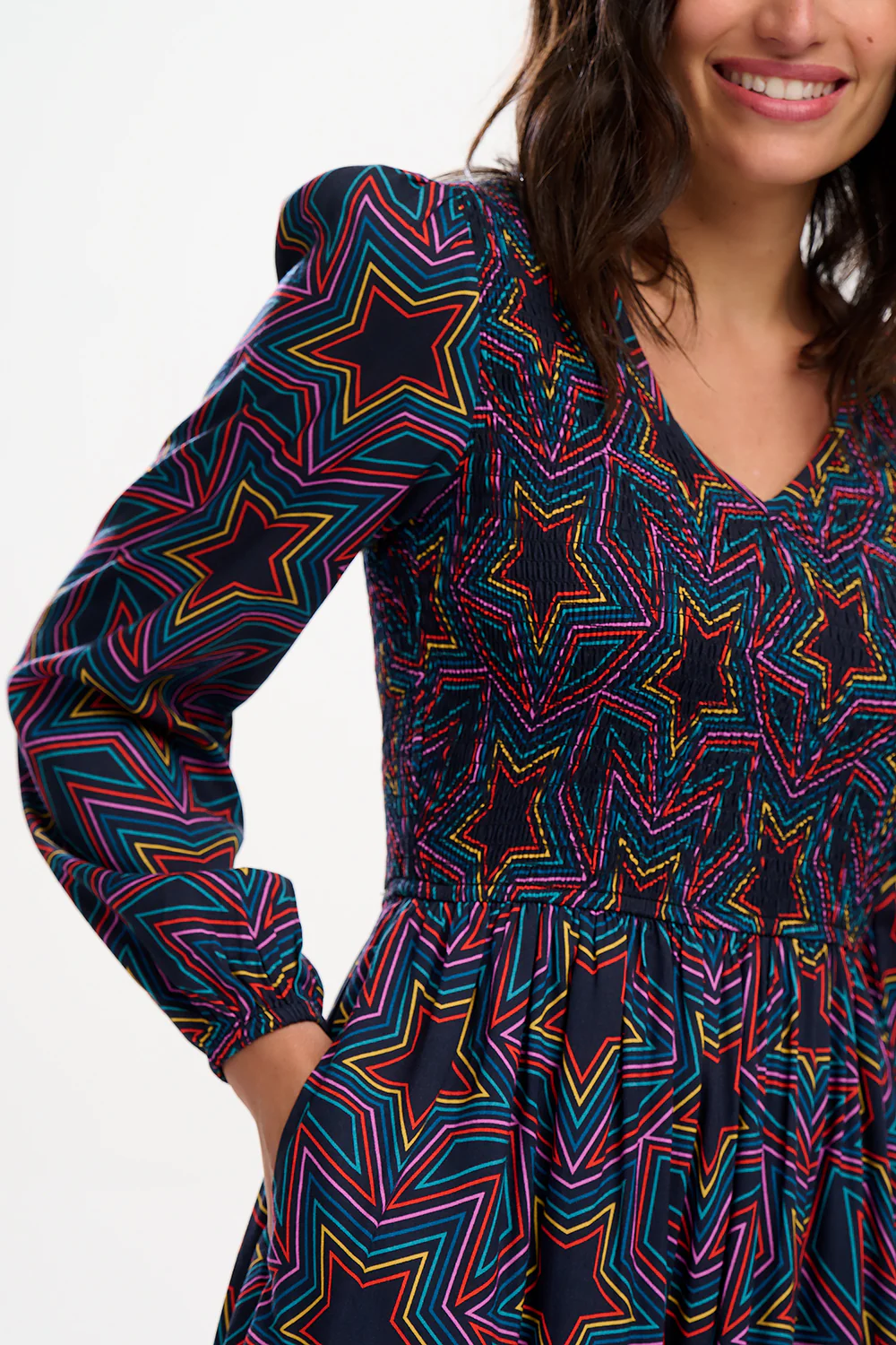 Amberly Shirred Midi Dress (Black, Rainbow Star Explosion) - Image 4