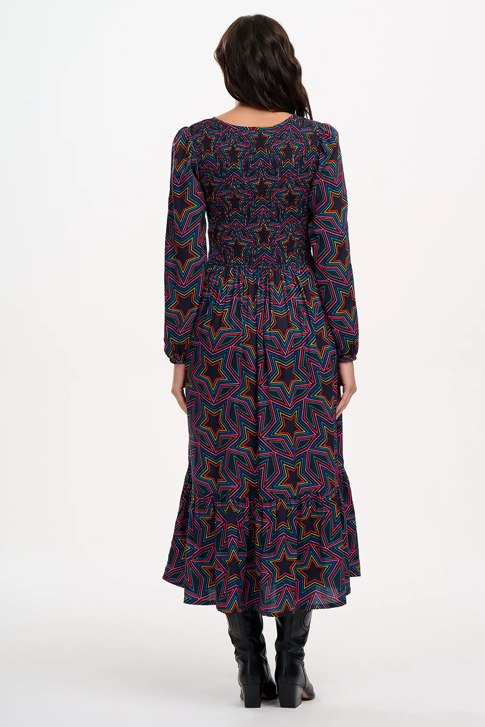 Amberly Shirred Midi Dress (Black, Rainbow Star Explosion) - Image 5