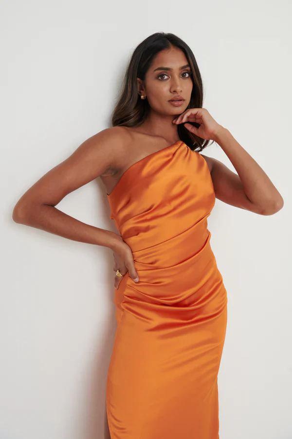 Amelia One Shoulder Ruched Satin Dress (Orange) - Image 2