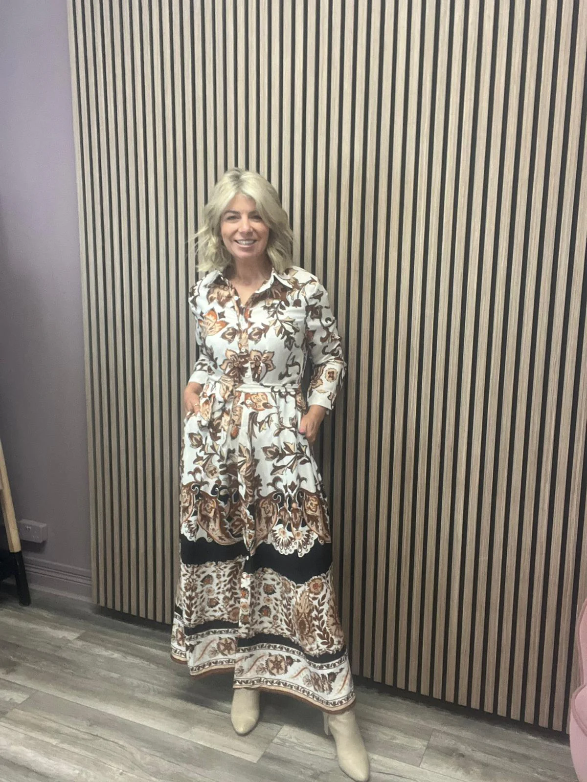 ANGELA BOARDER PRINT SHIRT MAXI DRESS (BROWN) - Image 2