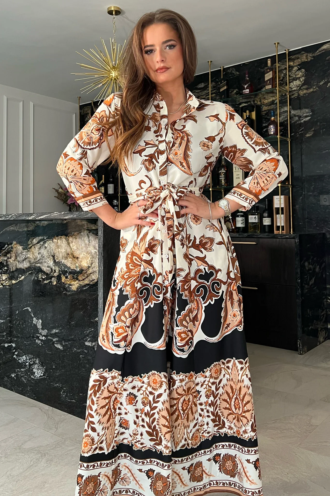 ANGELA BOARDER PRINT SHIRT MAXI DRESS (BROWN) - Image 3