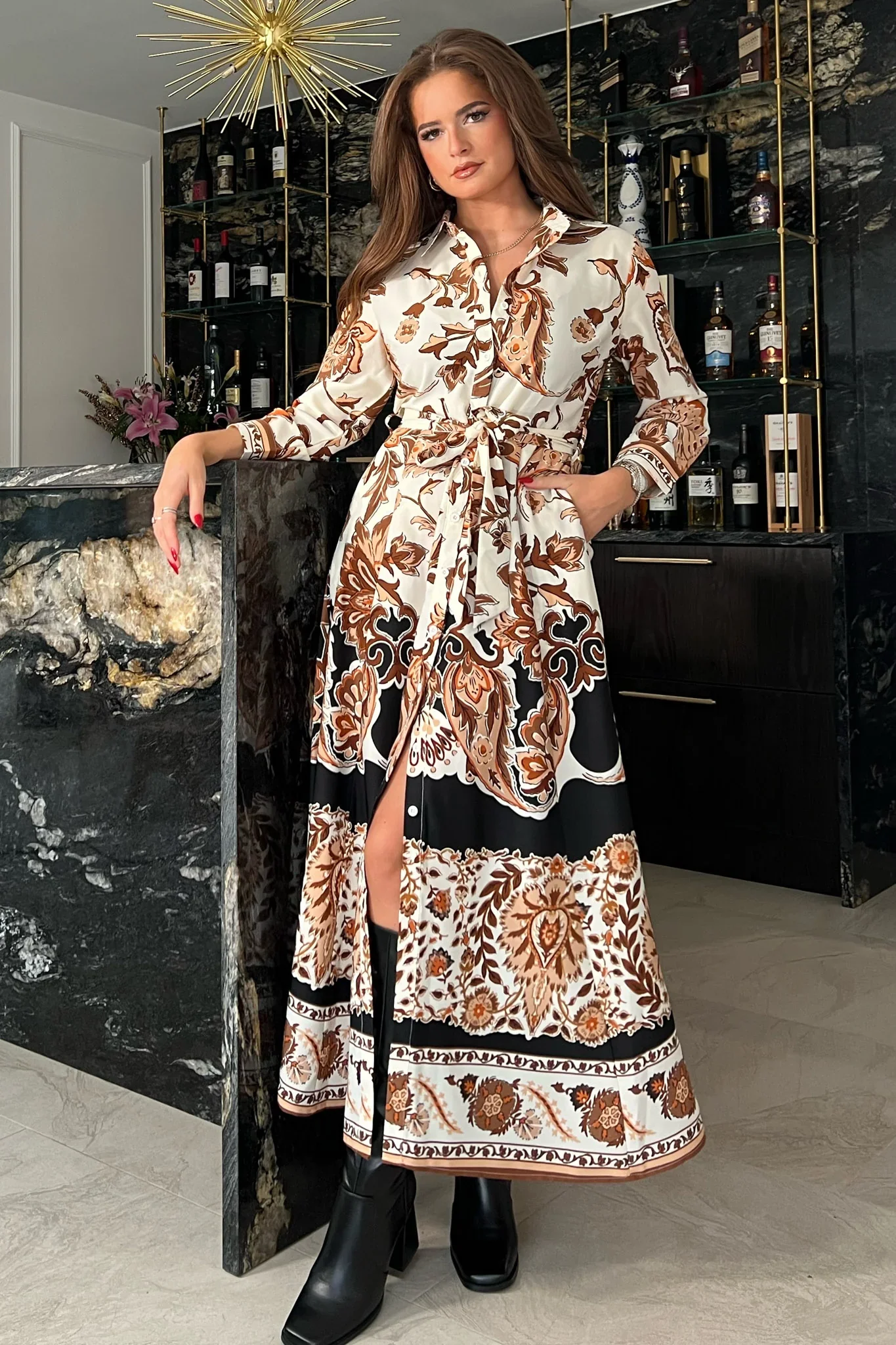 ANGELA BOARDER PRINT SHIRT MAXI DRESS (BROWN) - Image 5