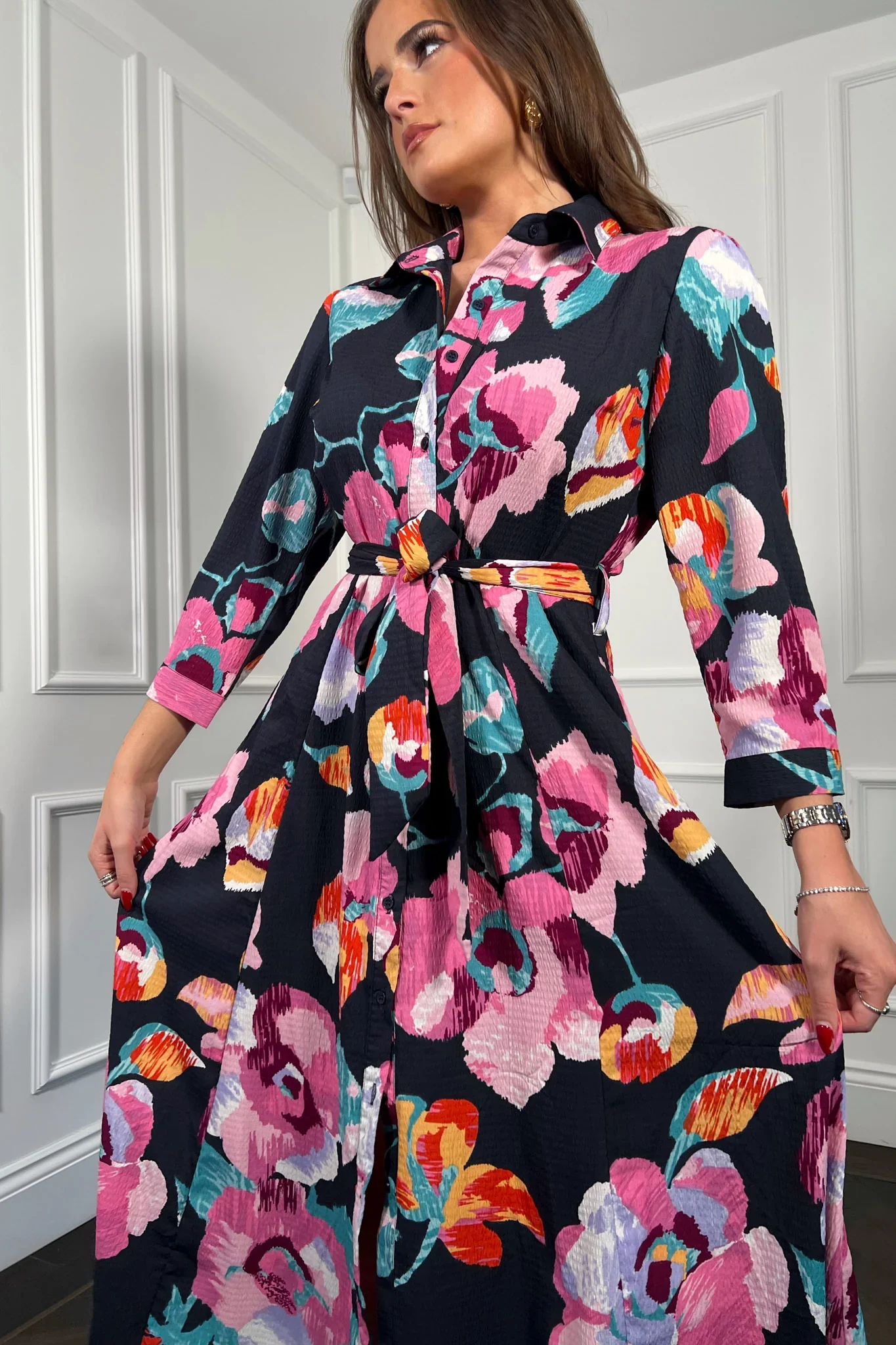 ANGELA FLORAL SHIRT DRESS (NAVY/PURPLE) - Image 5