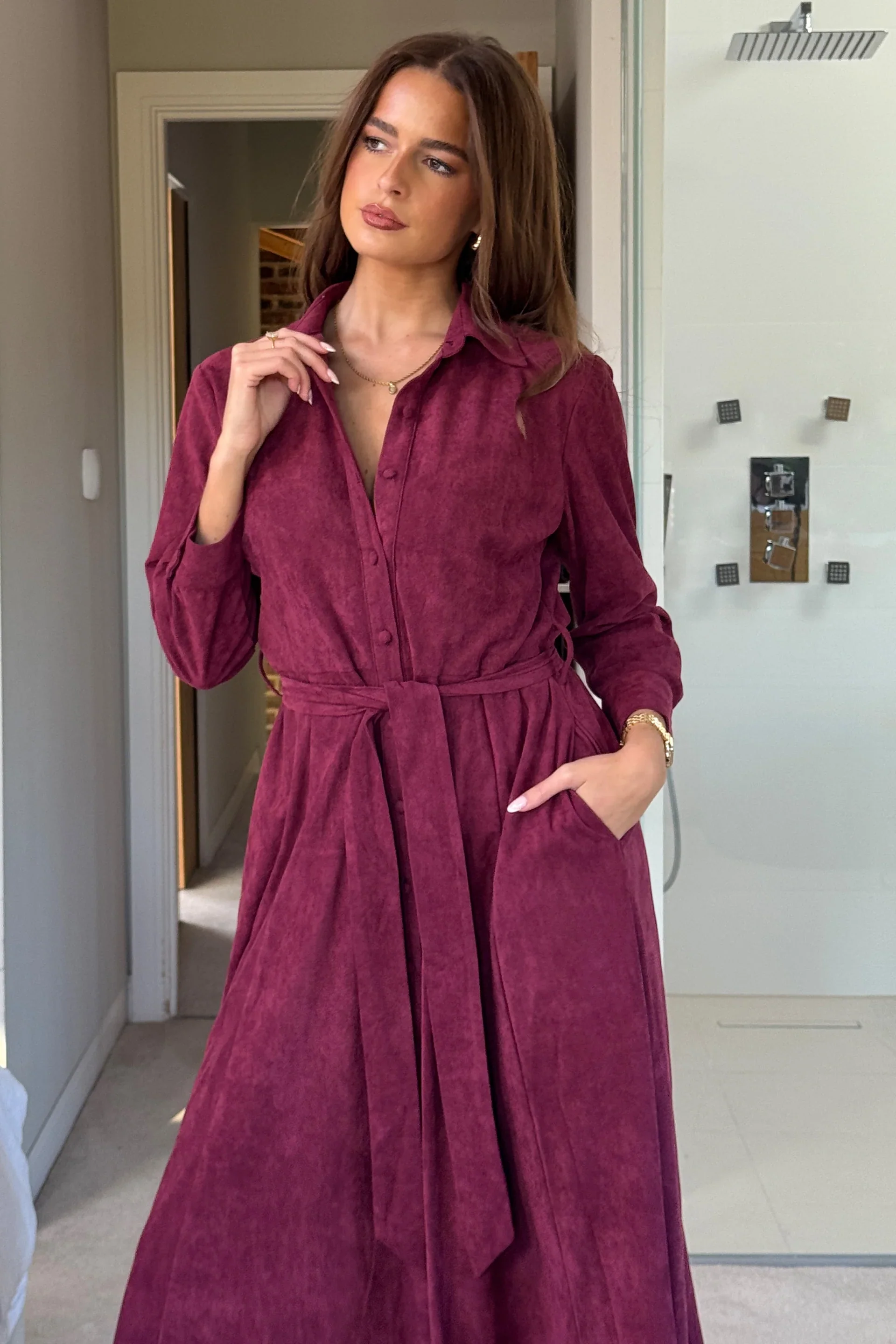 Angela Long Sleeve Maxi Shirt Dress (Berry Suedette) - Image 3