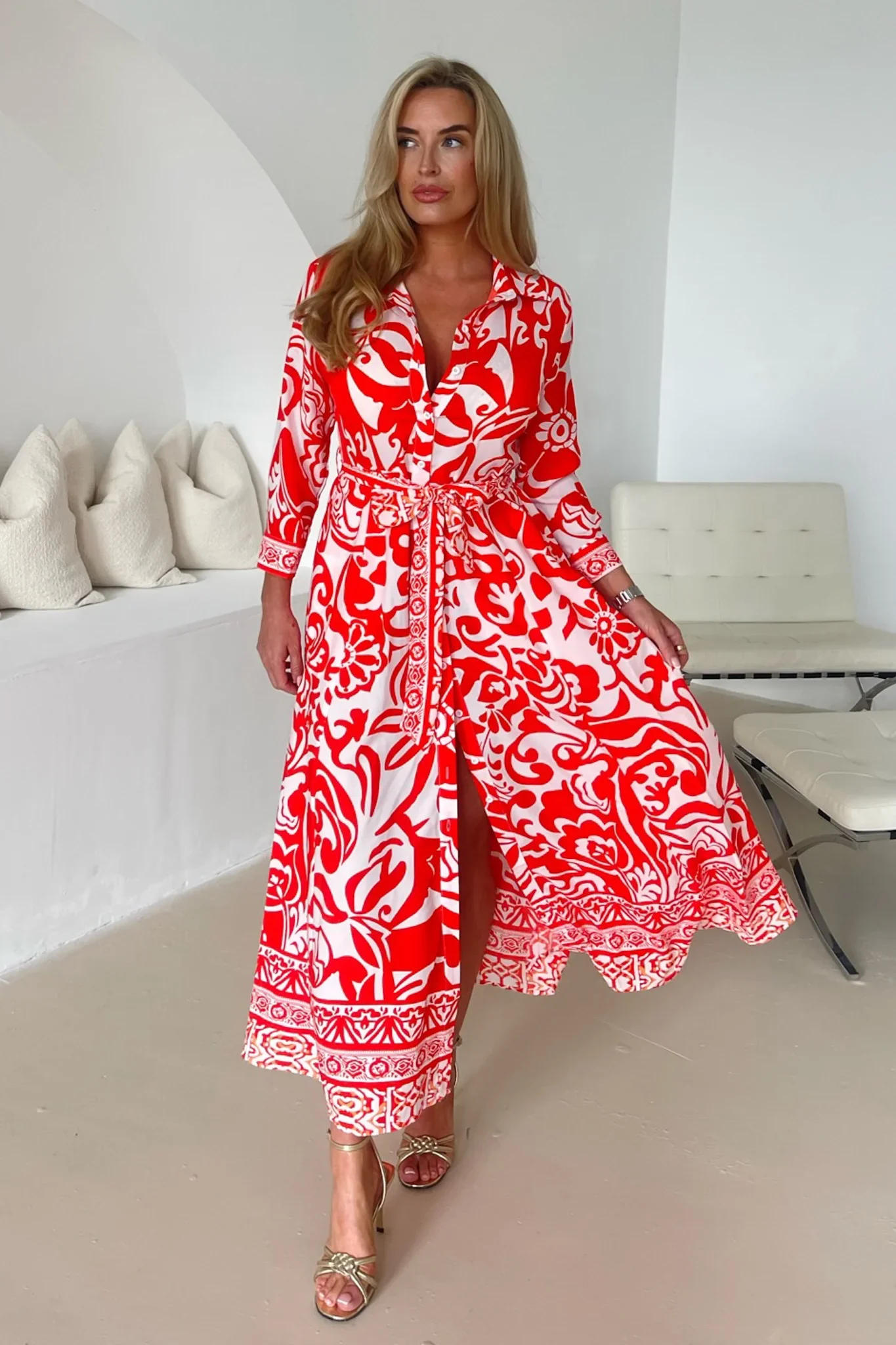Angela Shirt Maxi Dress (Red Print) - Image 2
