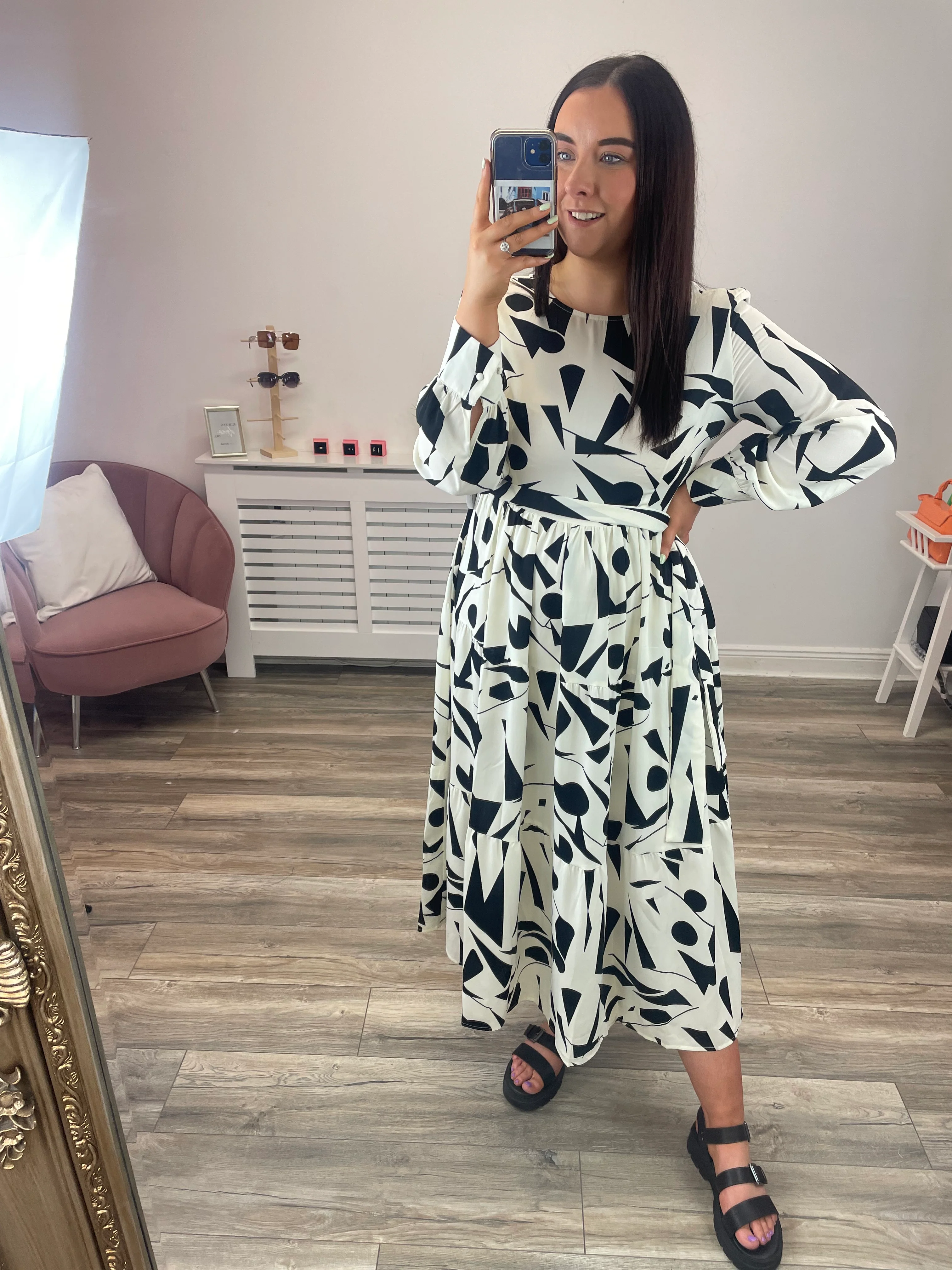 ANGELINA TIE WAIST DRESS (MONOCHROME) - Image 2
