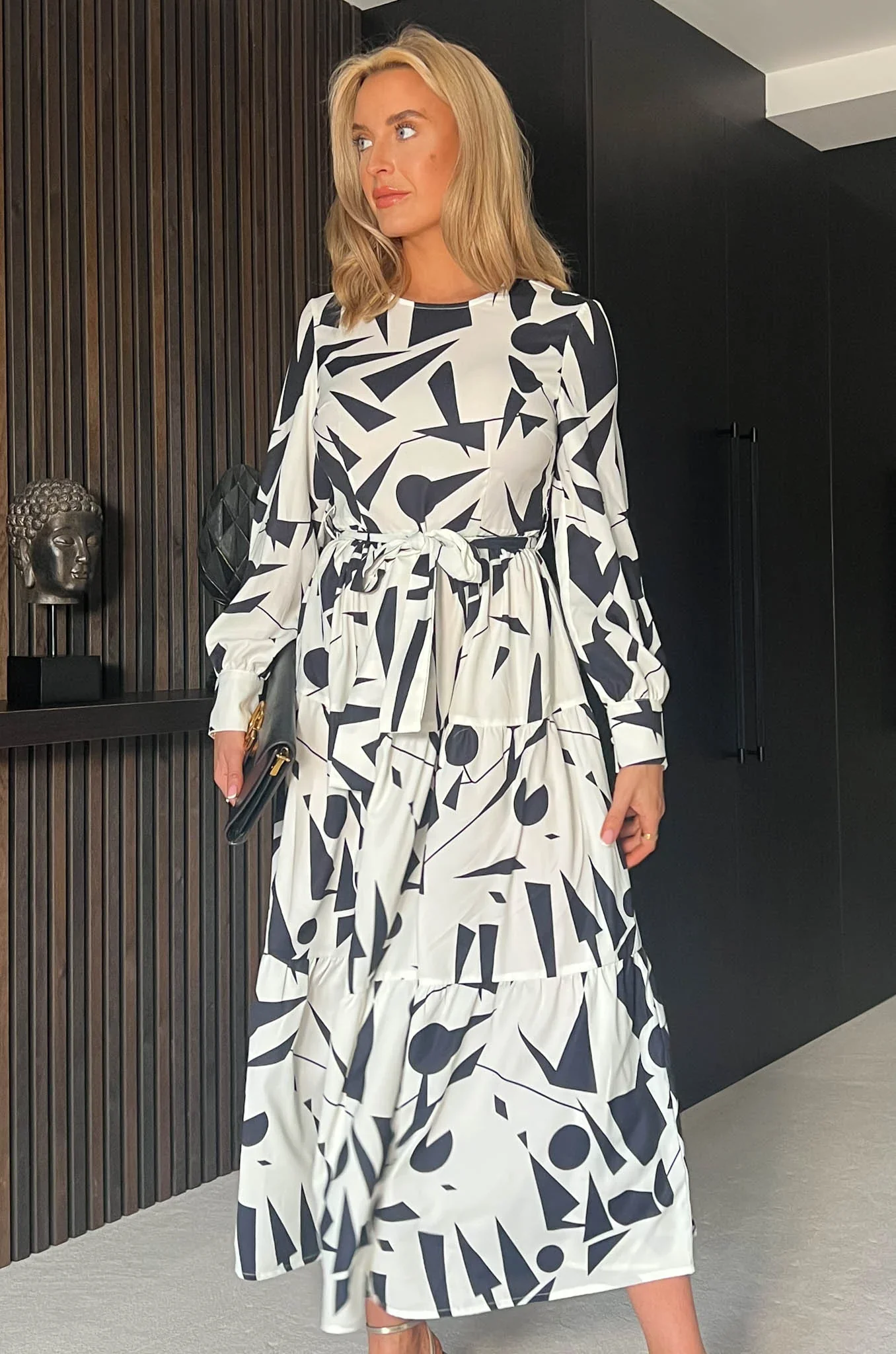 ANGELINA TIE WAIST DRESS (MONOCHROME) - Image 4