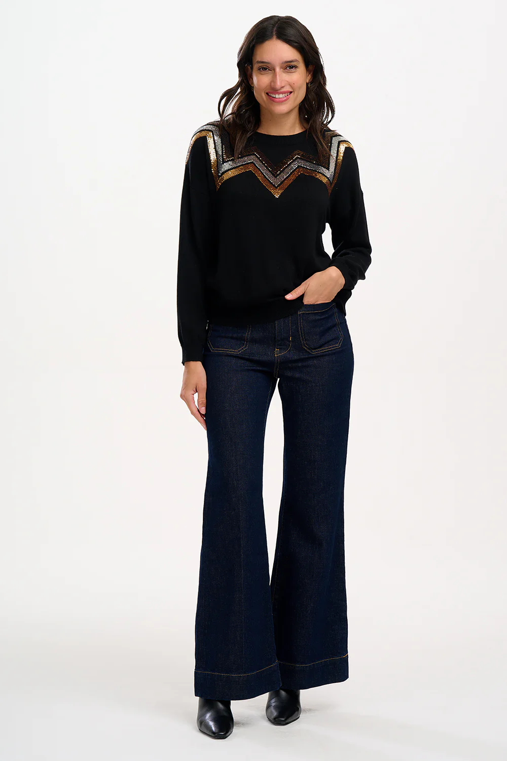 Anjali Sequin Jumper (Black, Chevron Stripes) - Image 2