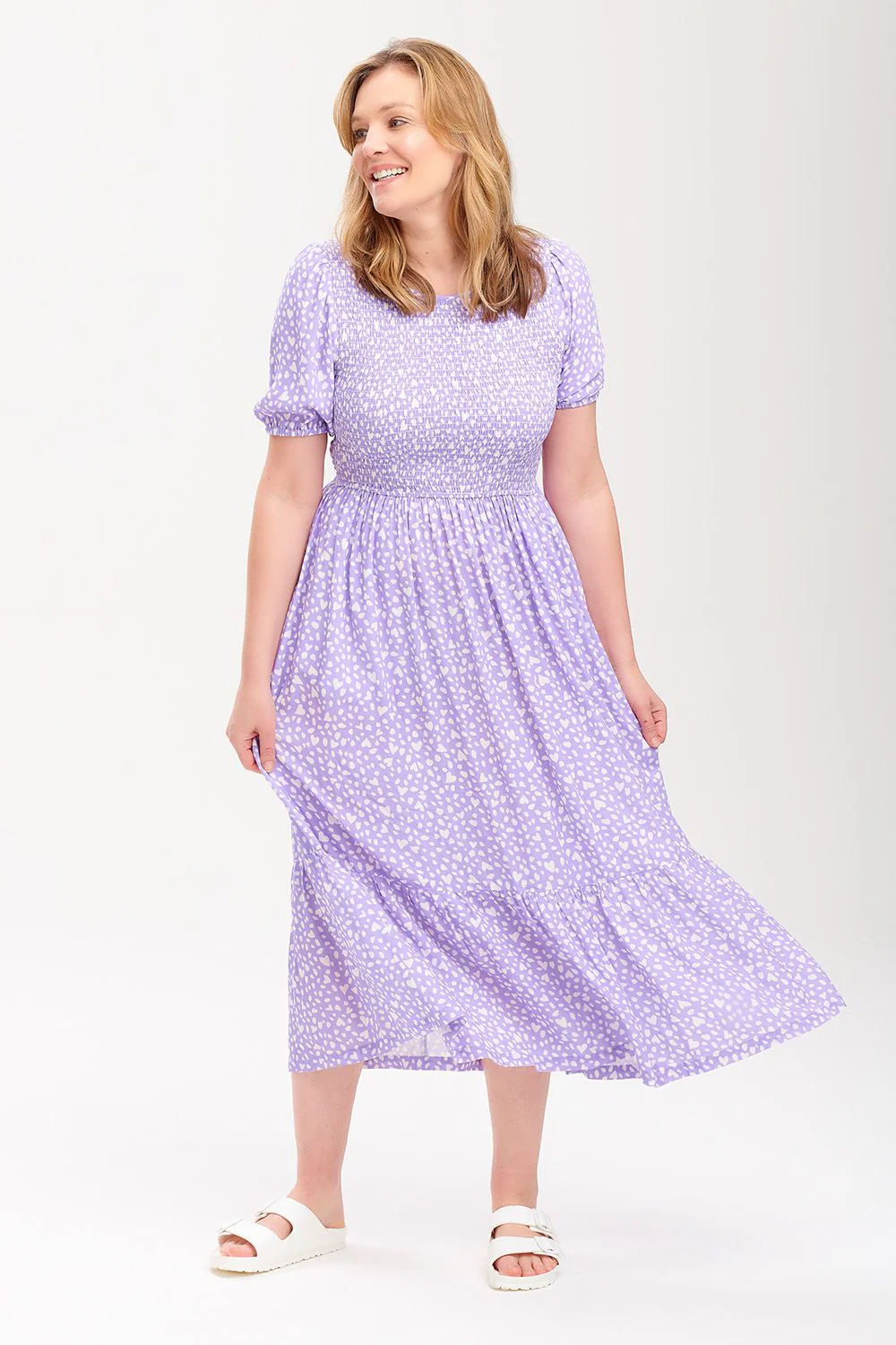 Arabella Midi Shirred Dress - Animal Pastel Love Heart (Lilac) - Image 2