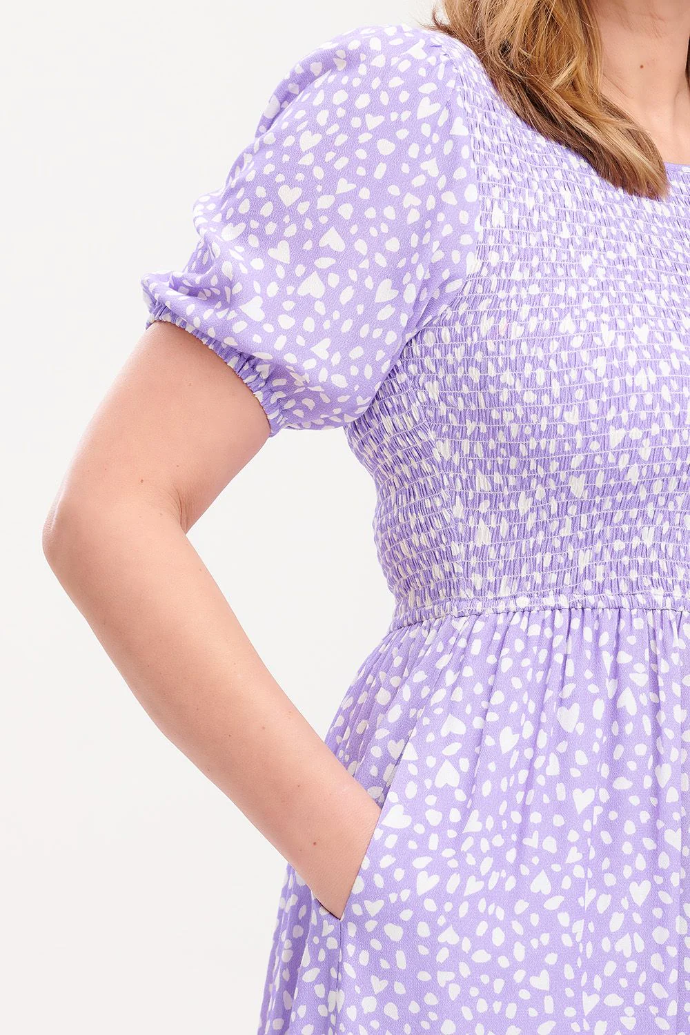 Arabella Midi Shirred Dress - Animal Pastel Love Heart (Lilac) - Image 3