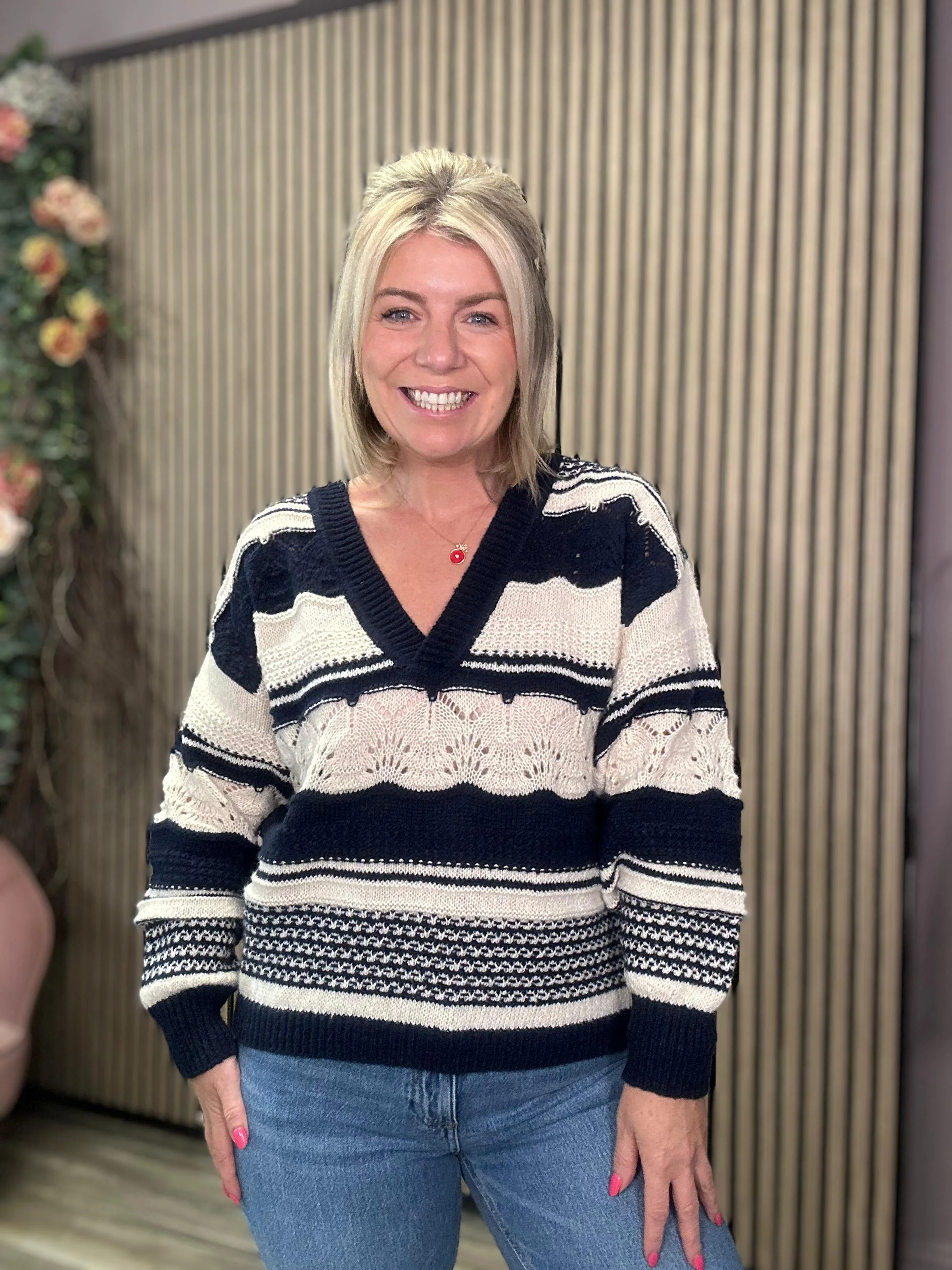 Ash V-Neck Jumper (Total Eclipse Strip) - Image 2