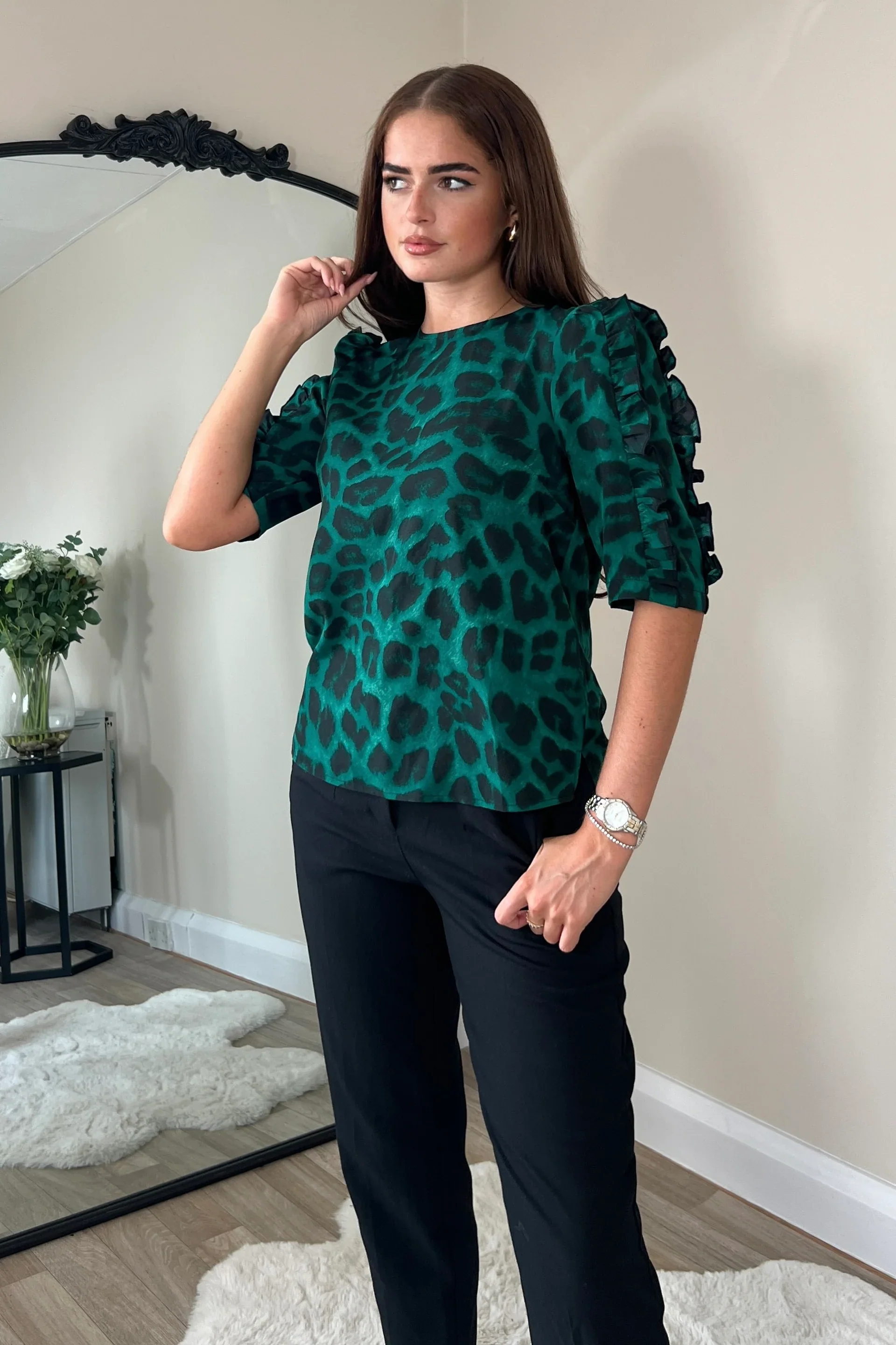 Asher Animal Frill Sleeve Top (Green) - Image 2