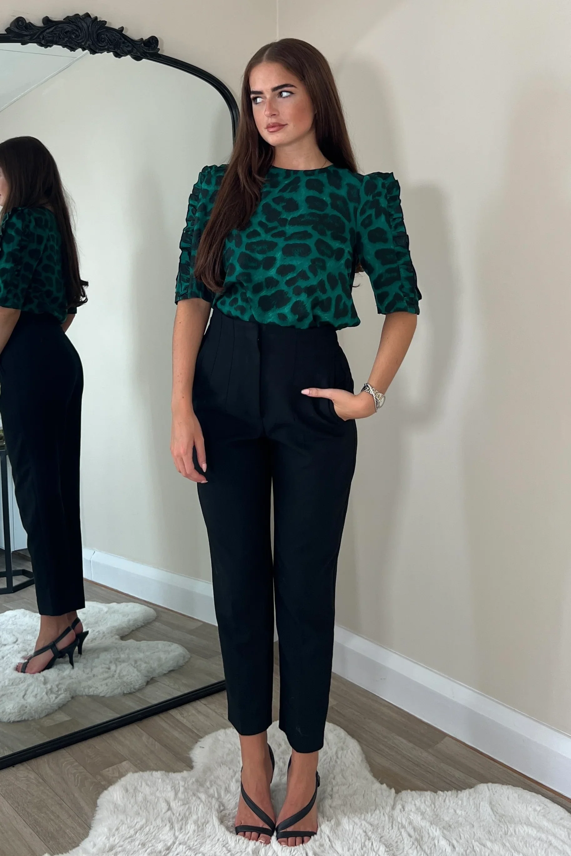 Asher Animal Frill Sleeve Top (Green) - Image 3