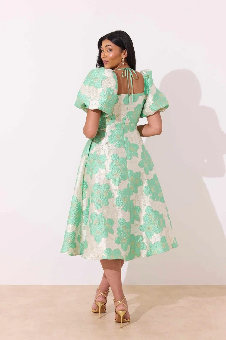 Audrey Puff Sleeve Midi Dress (Metallic Mint) - Image 3