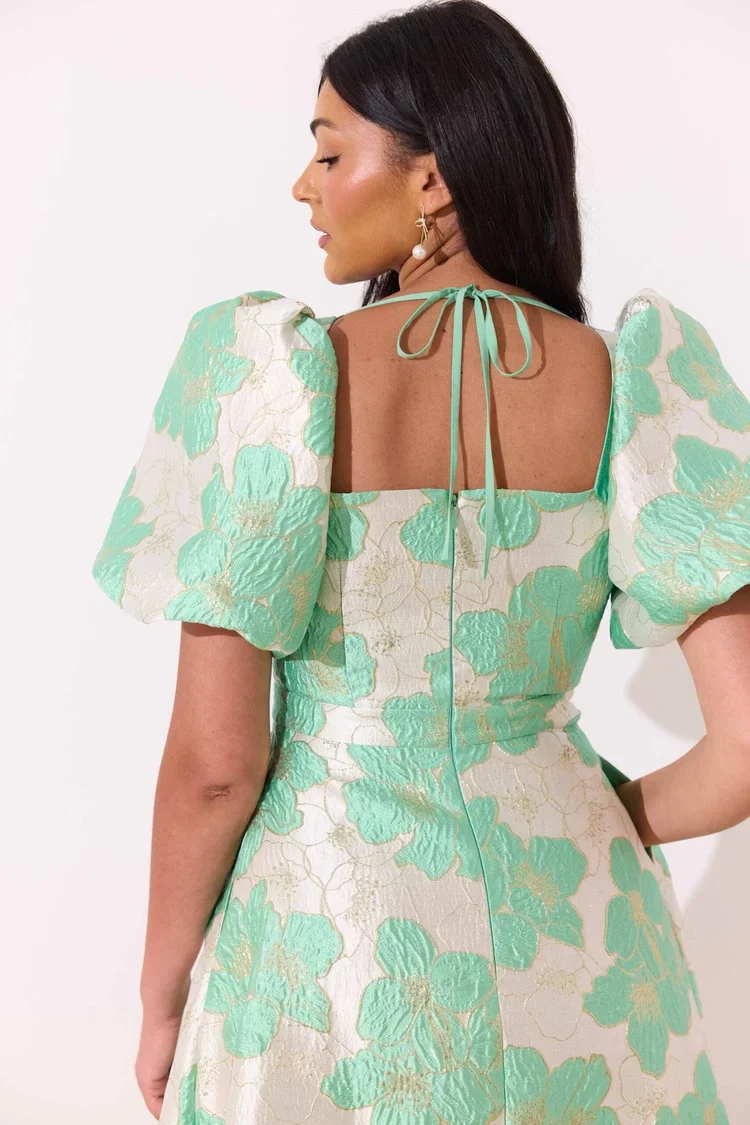 Audrey Puff Sleeve Midi Dress (Metallic Mint) - Image 4