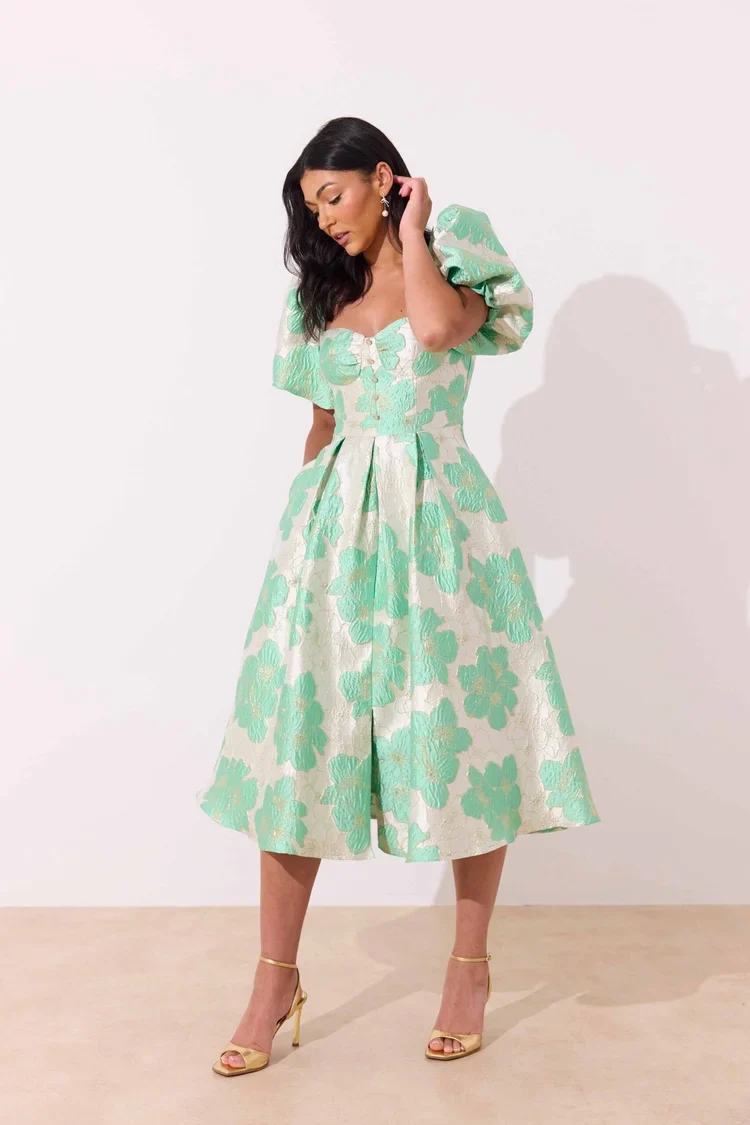 Audrey Puff Sleeve Midi Dress (Metallic Mint) - Image 5
