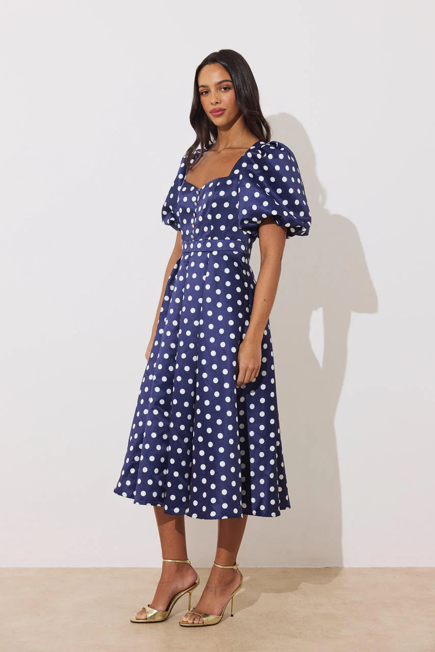 Audrey Puff Sleeve Midi Dress (Polka Dot/Navy) - Image 3