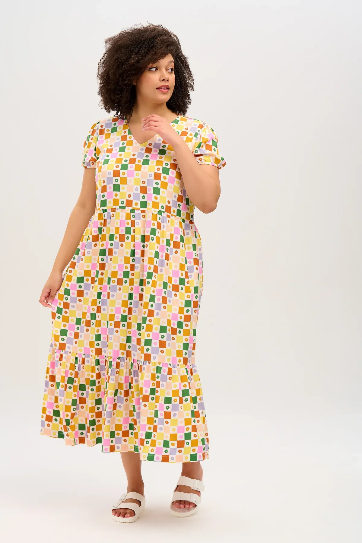 Belinda V-Neck Maxi Smock Dress (Multi, Floral Checkerboard) - Image 2