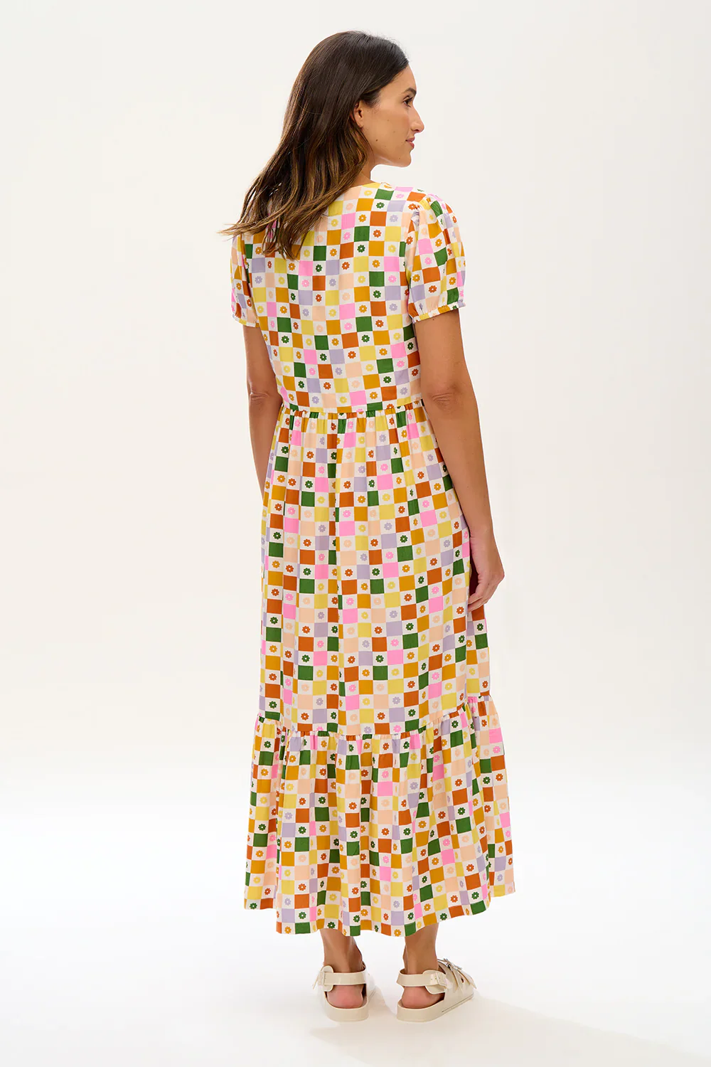 Belinda V-Neck Maxi Smock Dress (Multi, Floral Checkerboard) - Image 3