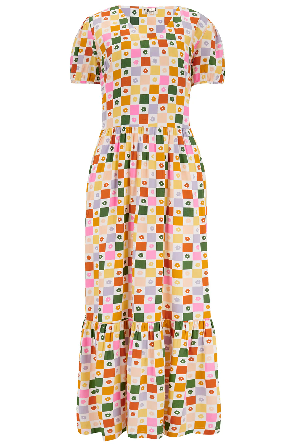 Belinda V-Neck Maxi Smock Dress (Multi, Floral Checkerboard) - Image 4