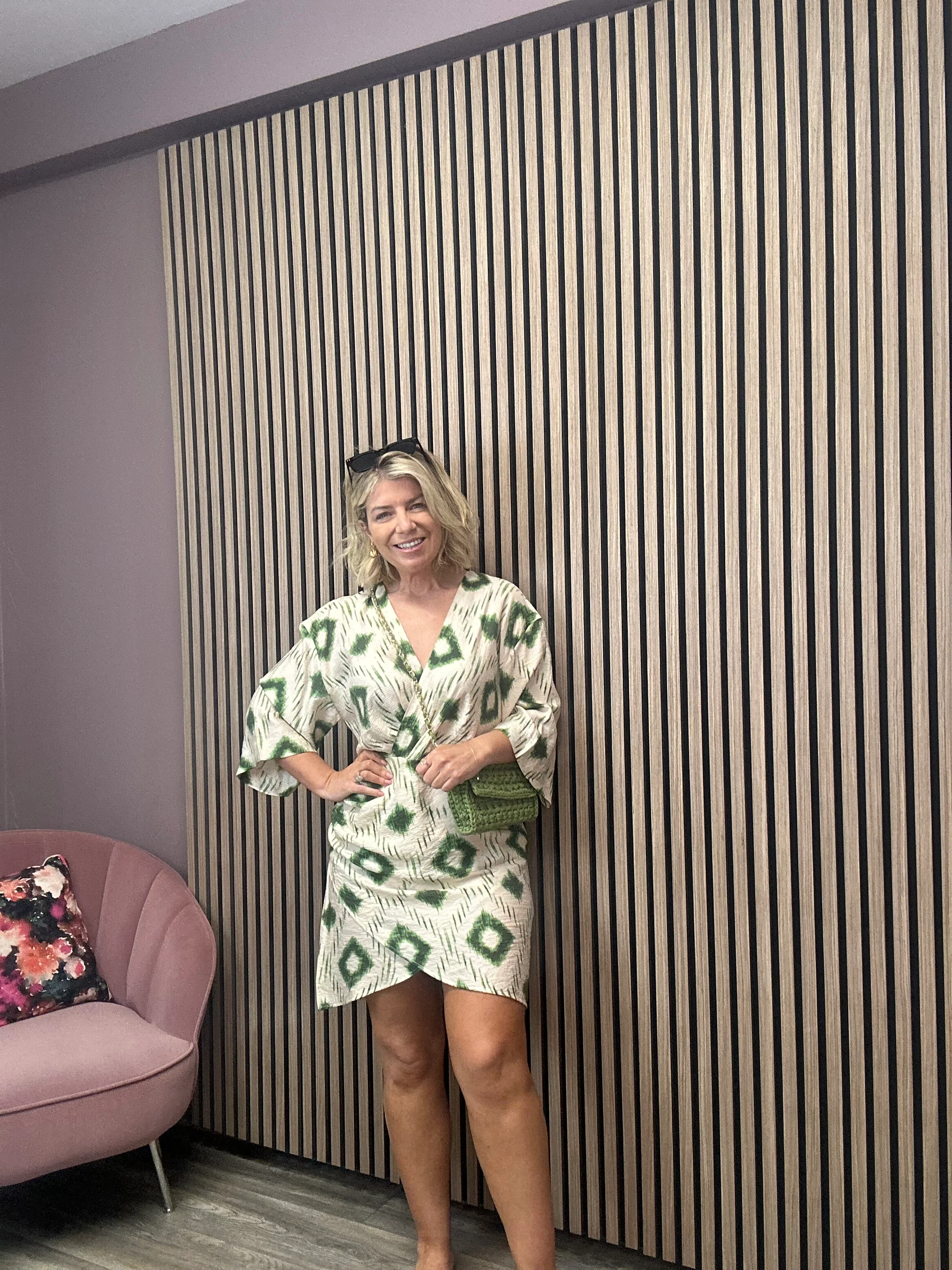 Berry 3/4 Sleeve Mini Dress (Sandshell/Peridot)