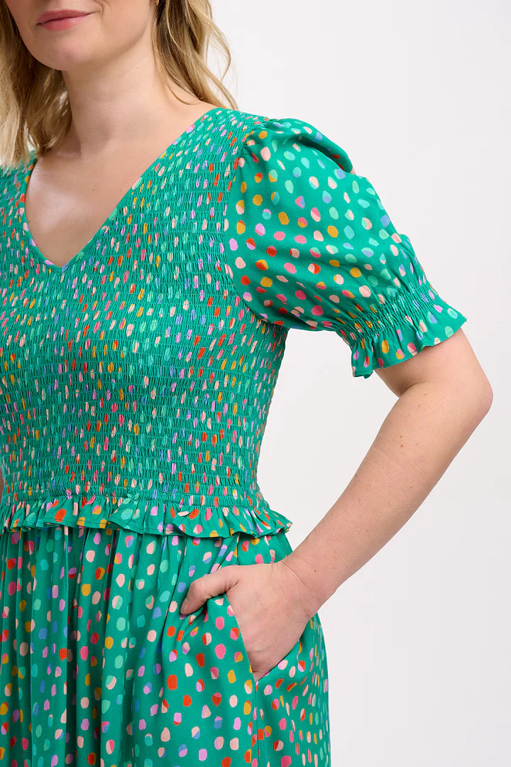 Bettina Shirred Midi Dress (Green Rainbow Pebbles) - Image 3