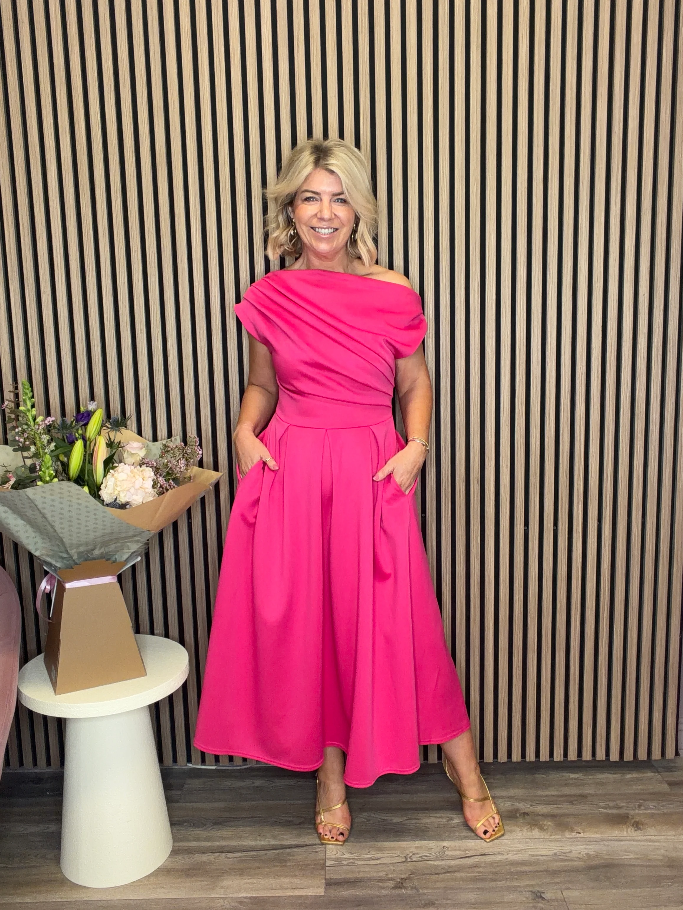 Betty Asymmetric Midi Dress (Hot Pink) - Image 2