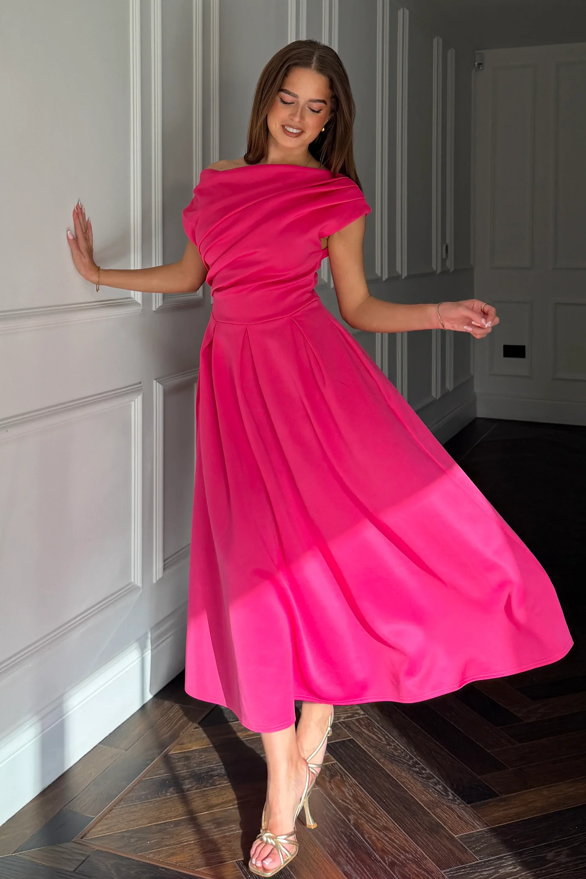 Betty Asymmetric Midi Dress (Hot Pink) - Image 3