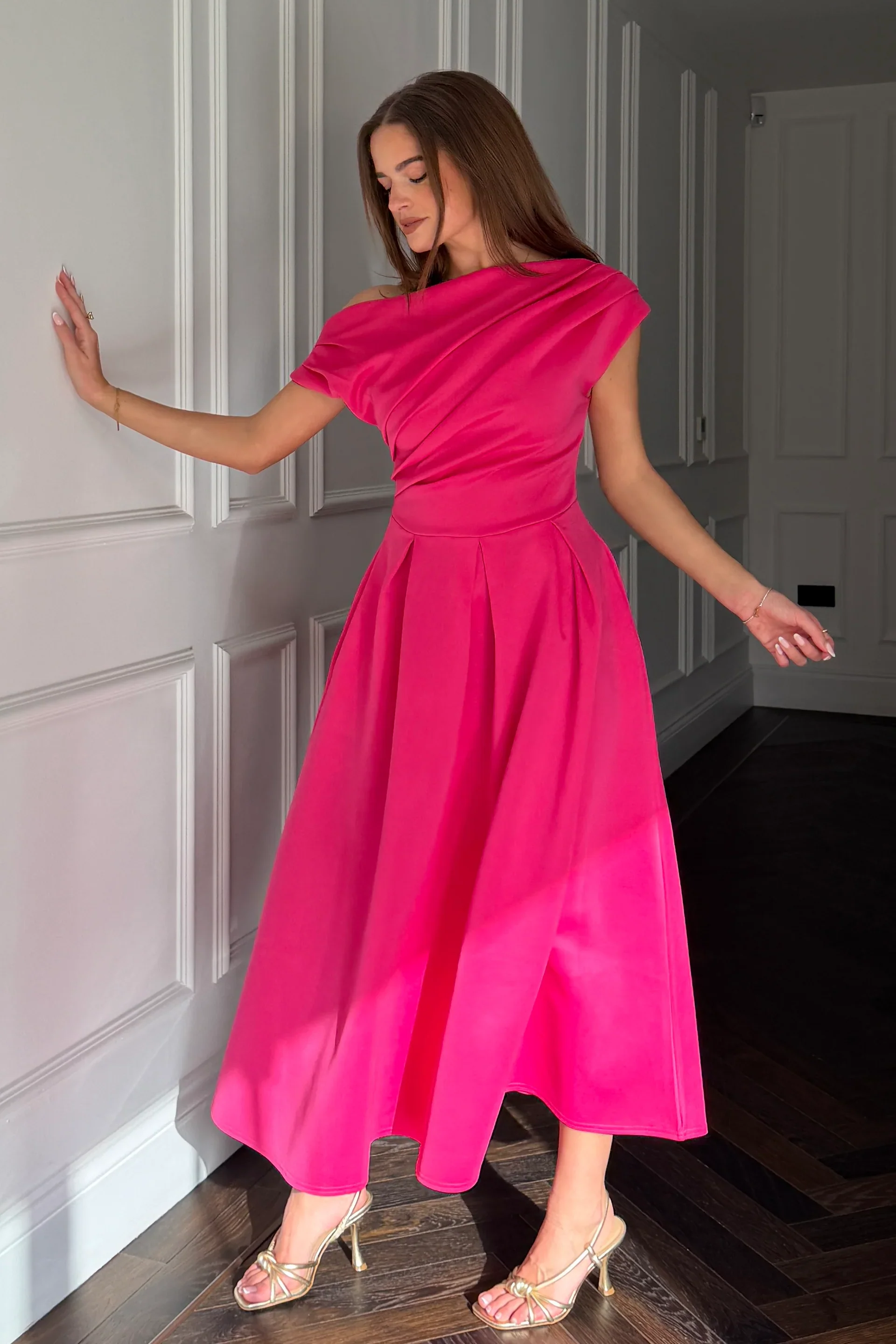 Betty Asymmetric Midi Dress (Hot Pink) - Image 6