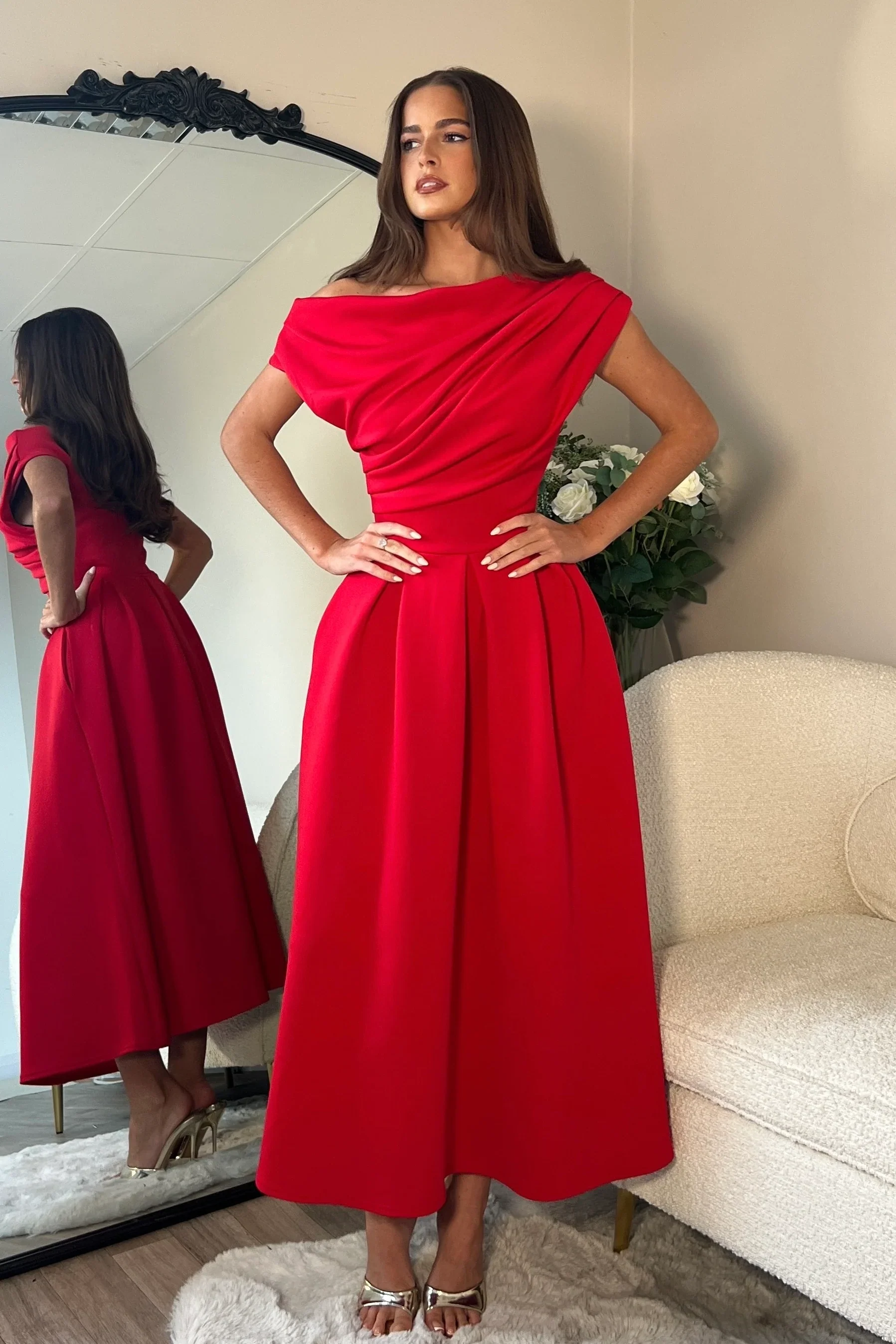 Betty Asymmetric Midi Dress (Red)