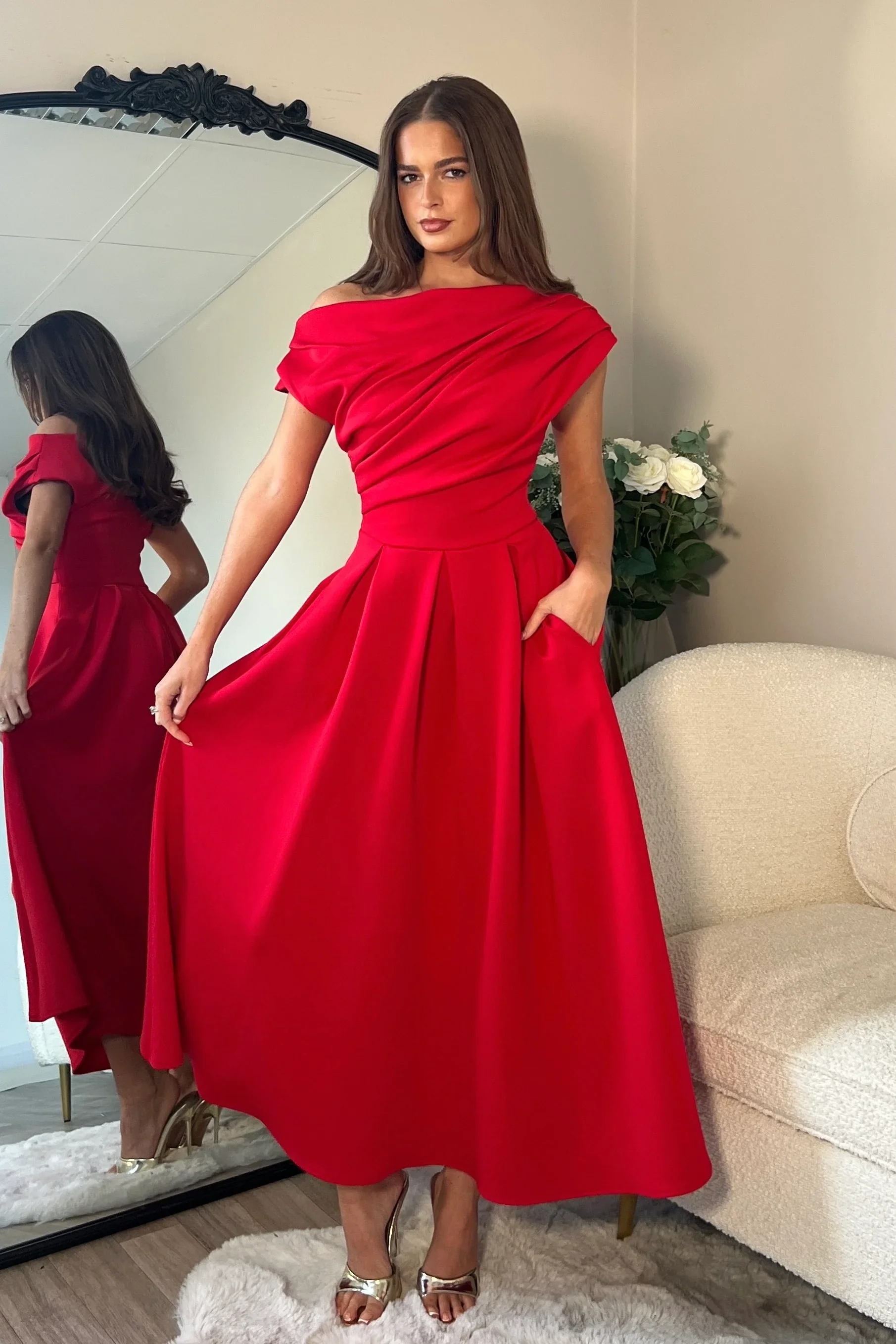 Betty Asymmetric Midi Dress (Red) - Image 2