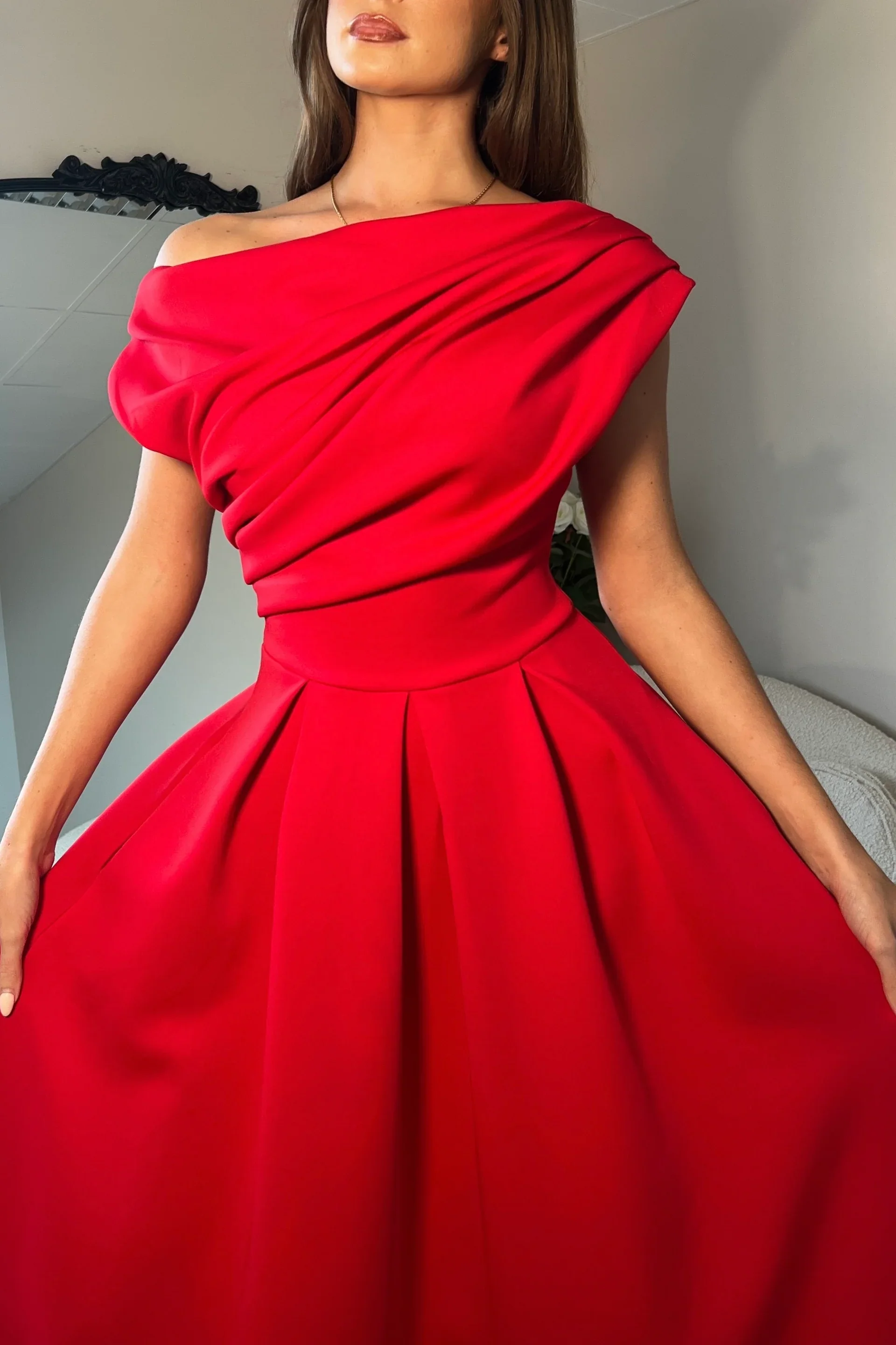 Betty Asymmetric Midi Dress (Red) - Image 3