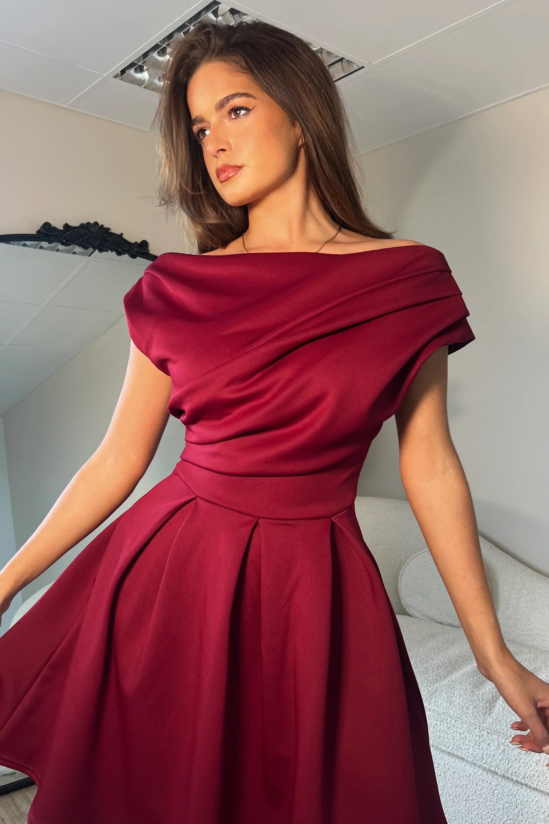 Betty Asymmetric Mini Skater Dress (Berry) - Image 2
