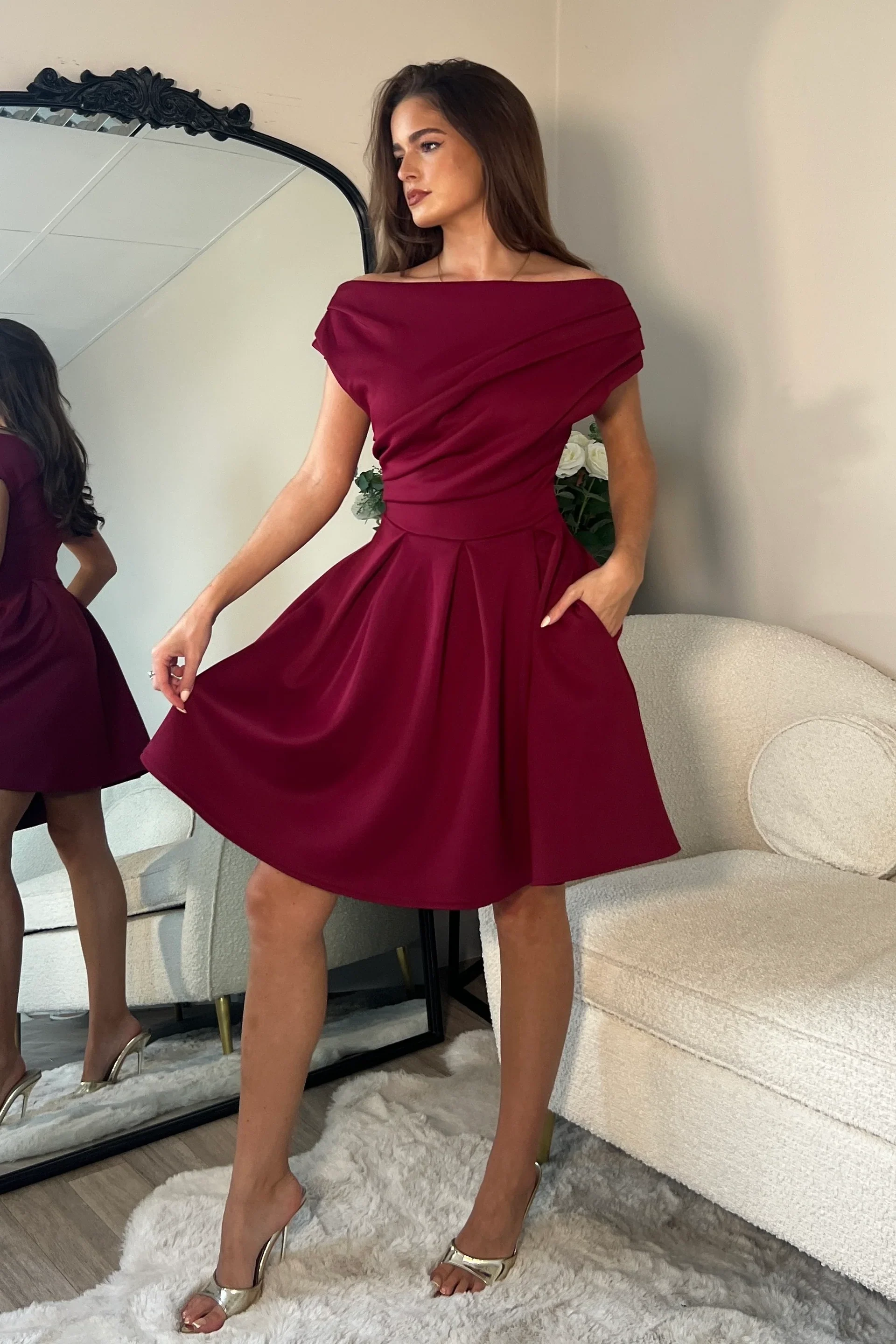 Betty Asymmetric Mini Skater Dress (Berry) - Image 5