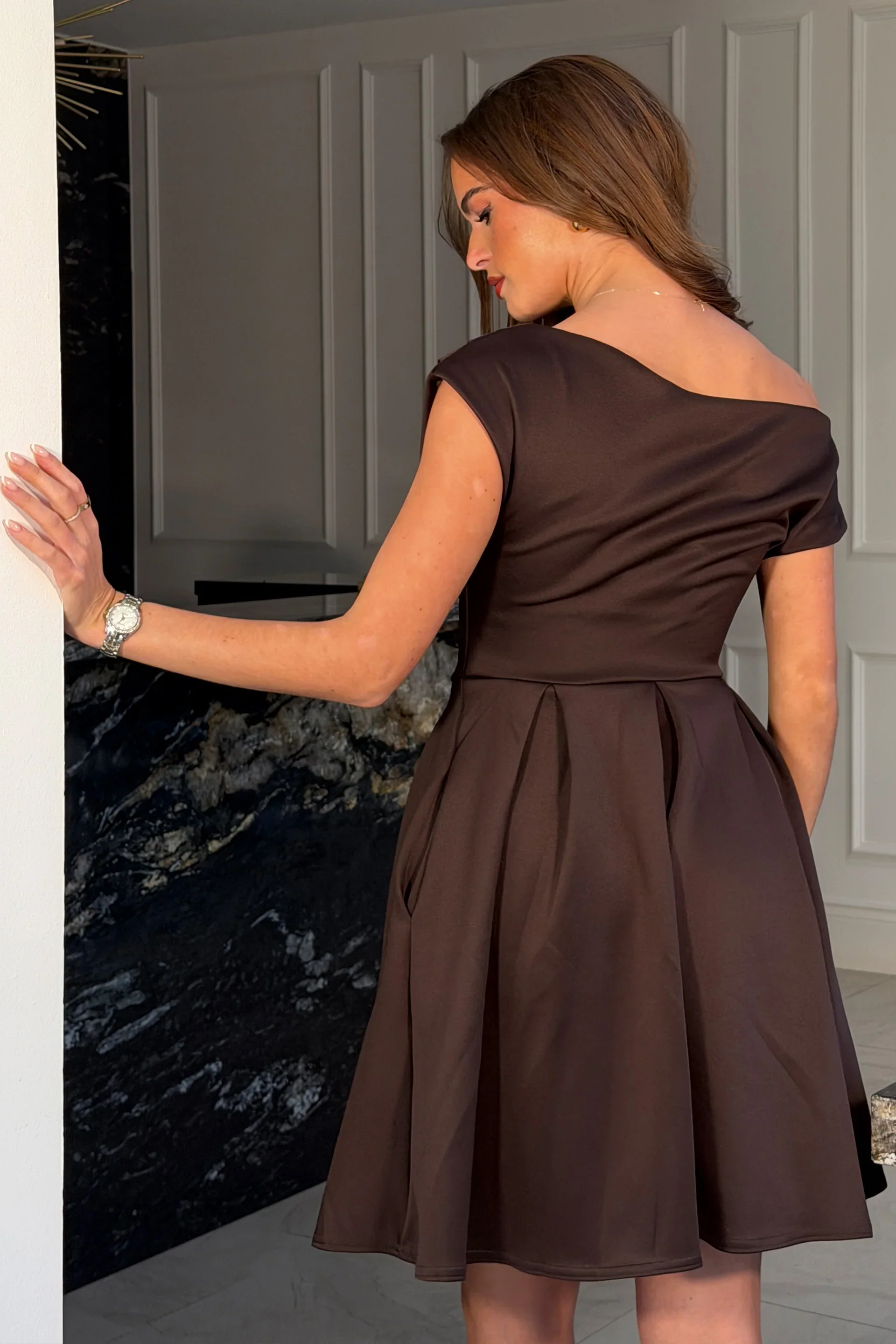 Betty Asymmetric Mini Skater Dress (Brown) - Image 5