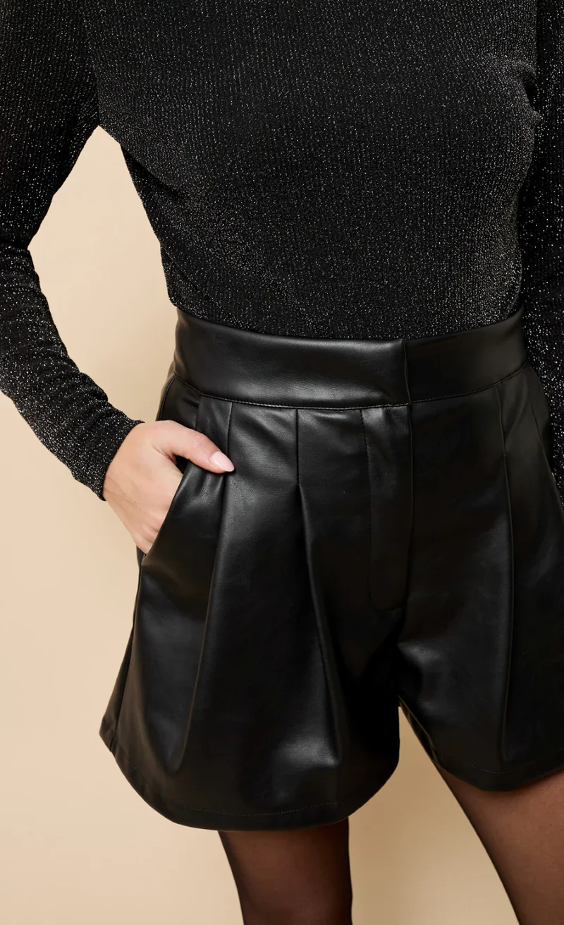 Bianca Pleated PU Shorts (Black) - Image 3