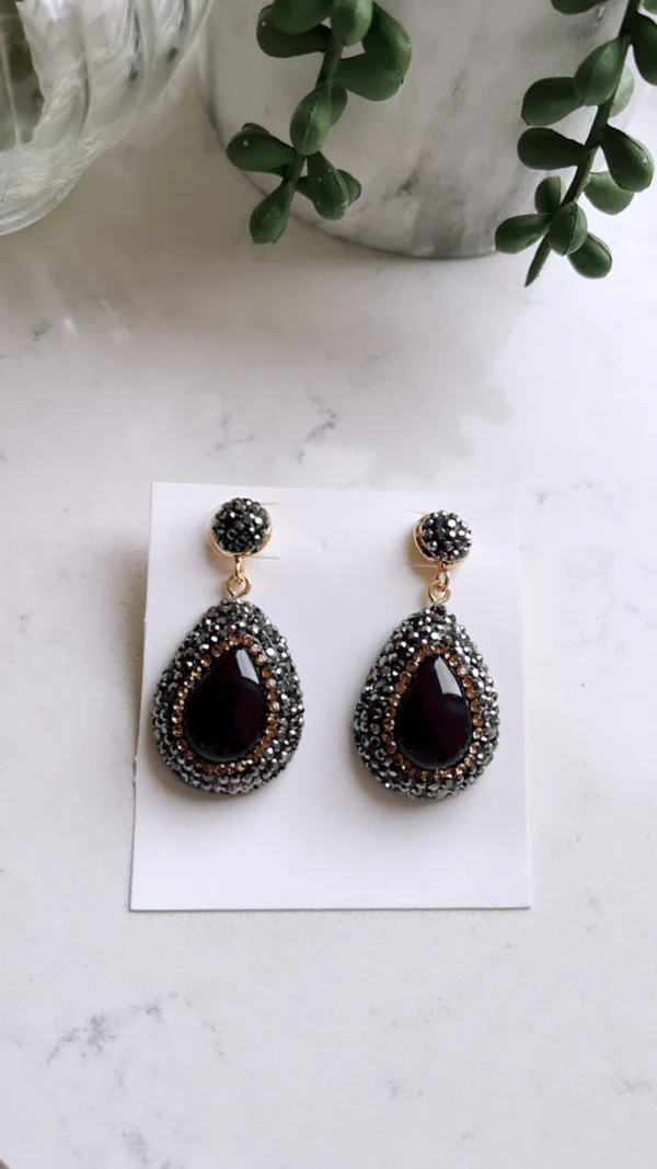 Black Onyx Crystal Drop Earrings (Gold) - Image 3