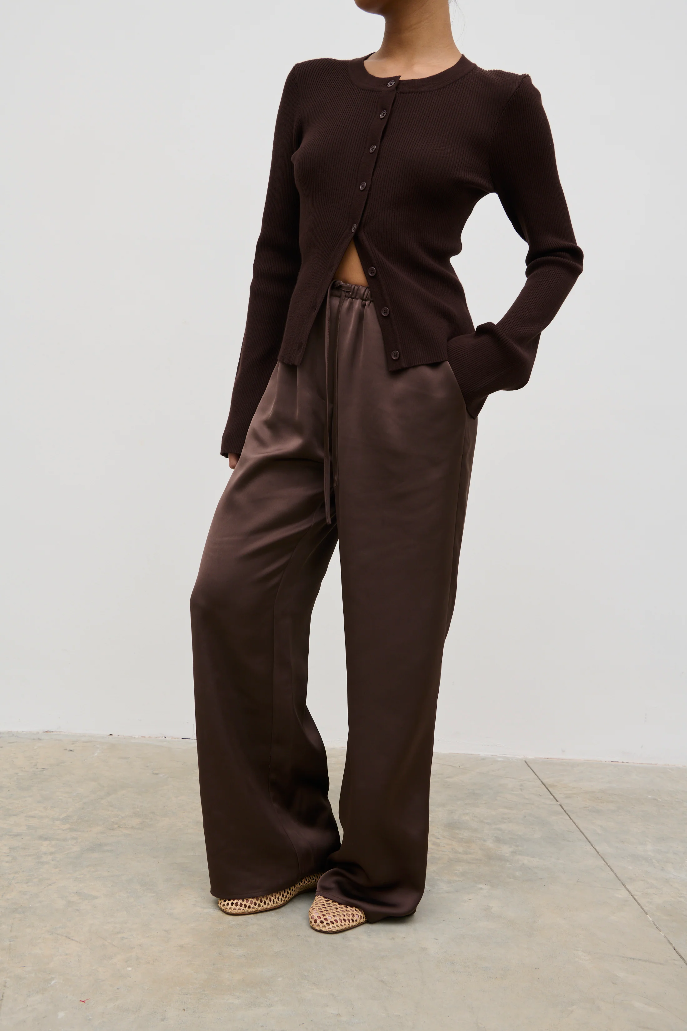 Breya Satin Drawstring Trousers (Chocolate Brown) - Image 2