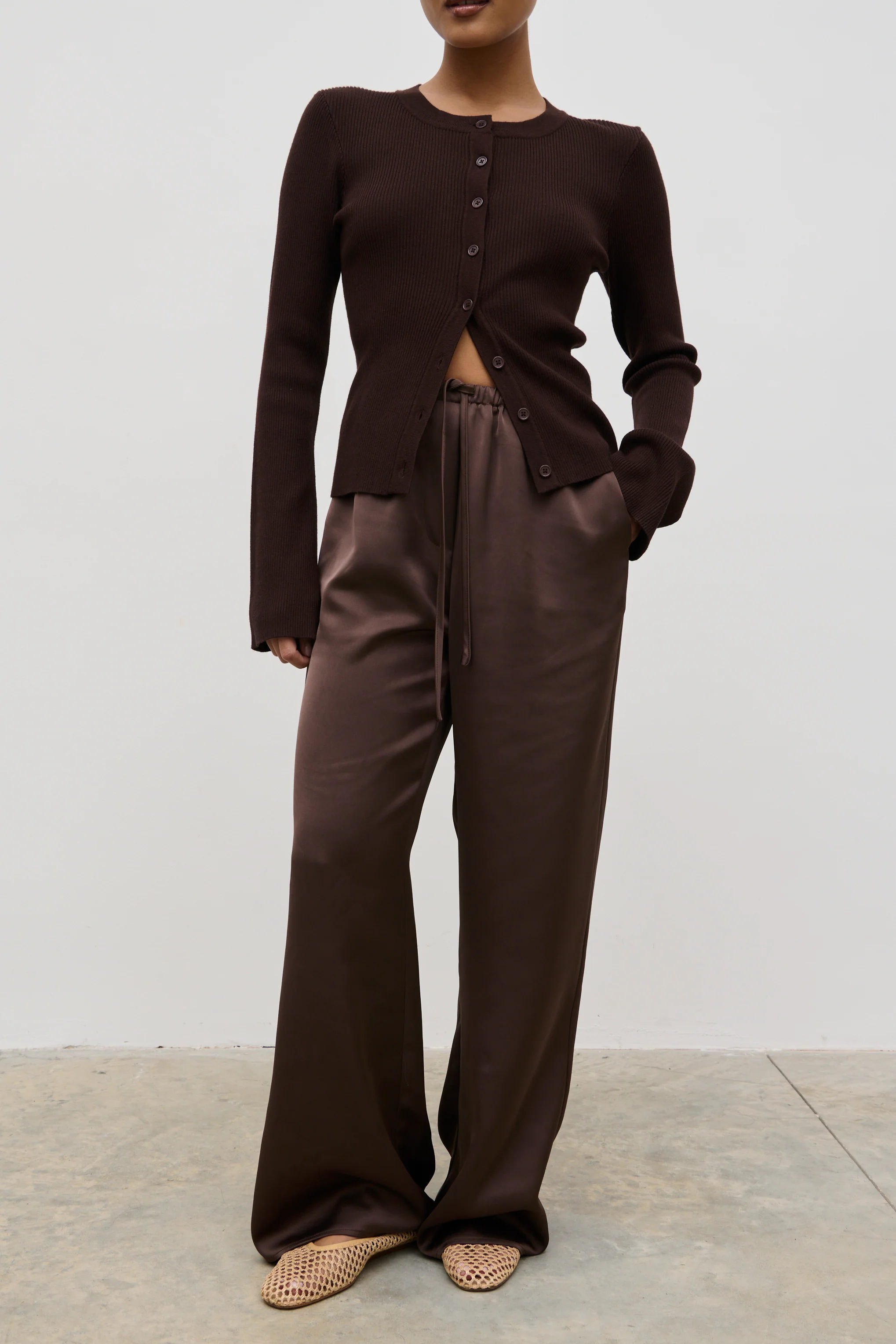 Breya Satin Drawstring Trousers (Chocolate Brown) - Image 3