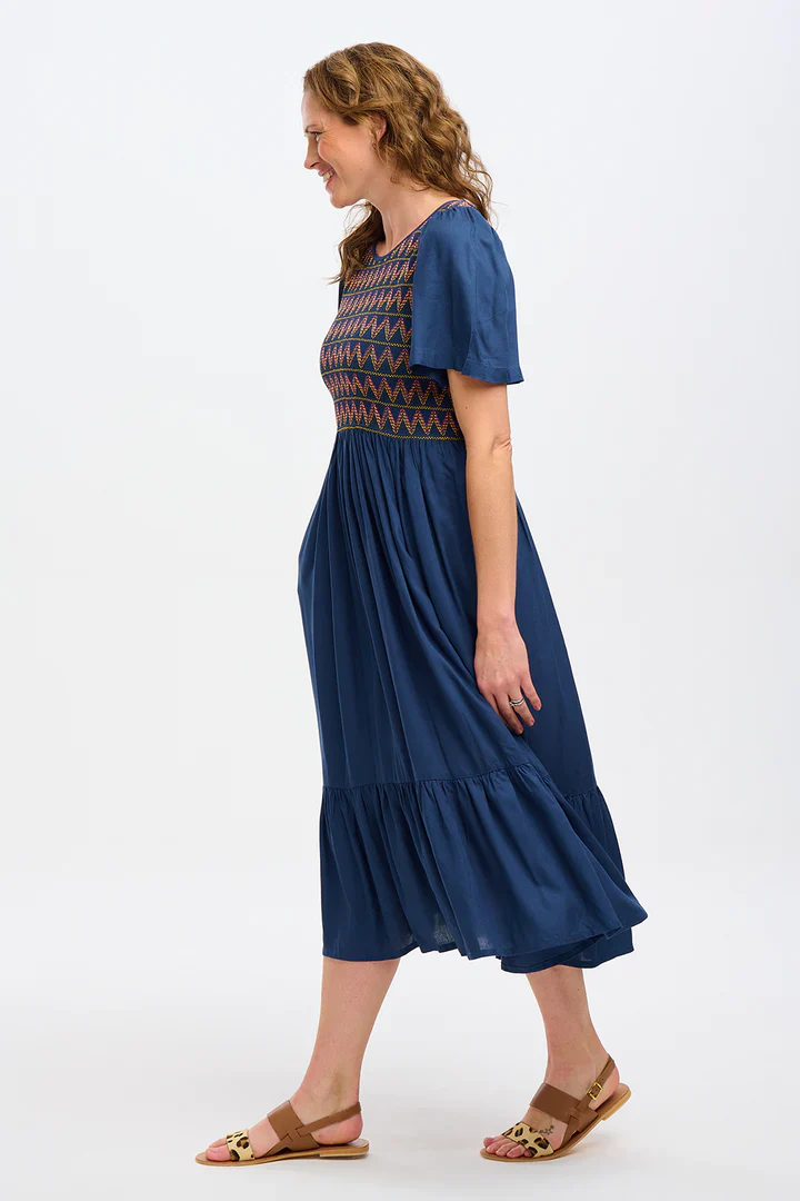 Brielle Midi Shirred Dress (Washed Navy Zigzag Shirring) - Image 4