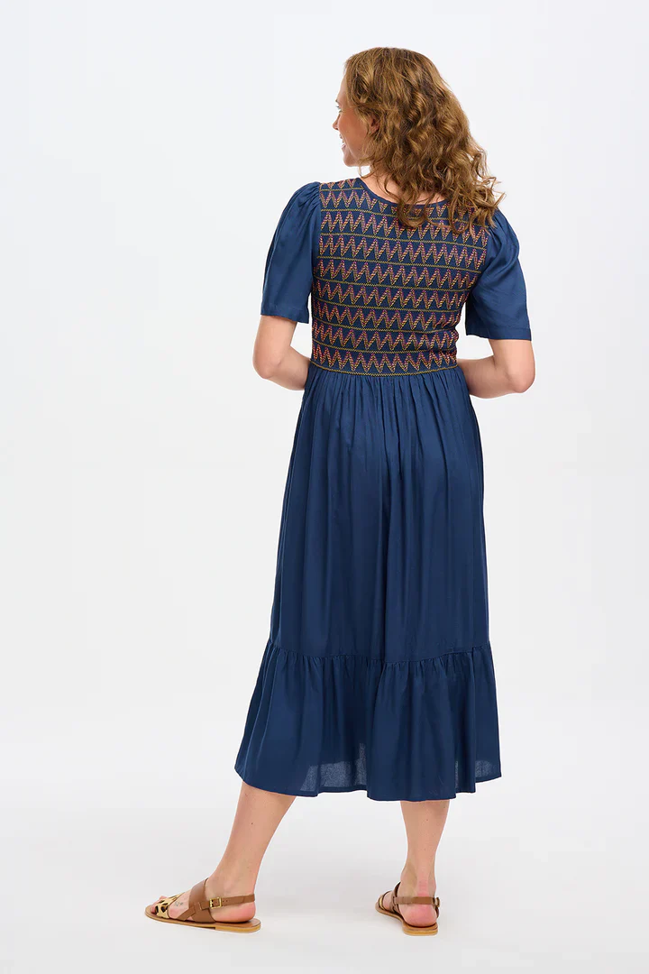 Brielle Midi Shirred Dress (Washed Navy Zigzag Shirring) - Image 5