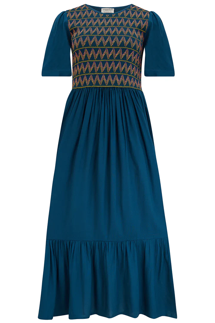 Brielle Midi Shirred Dress (Washed Navy Zigzag Shirring) - Image 8