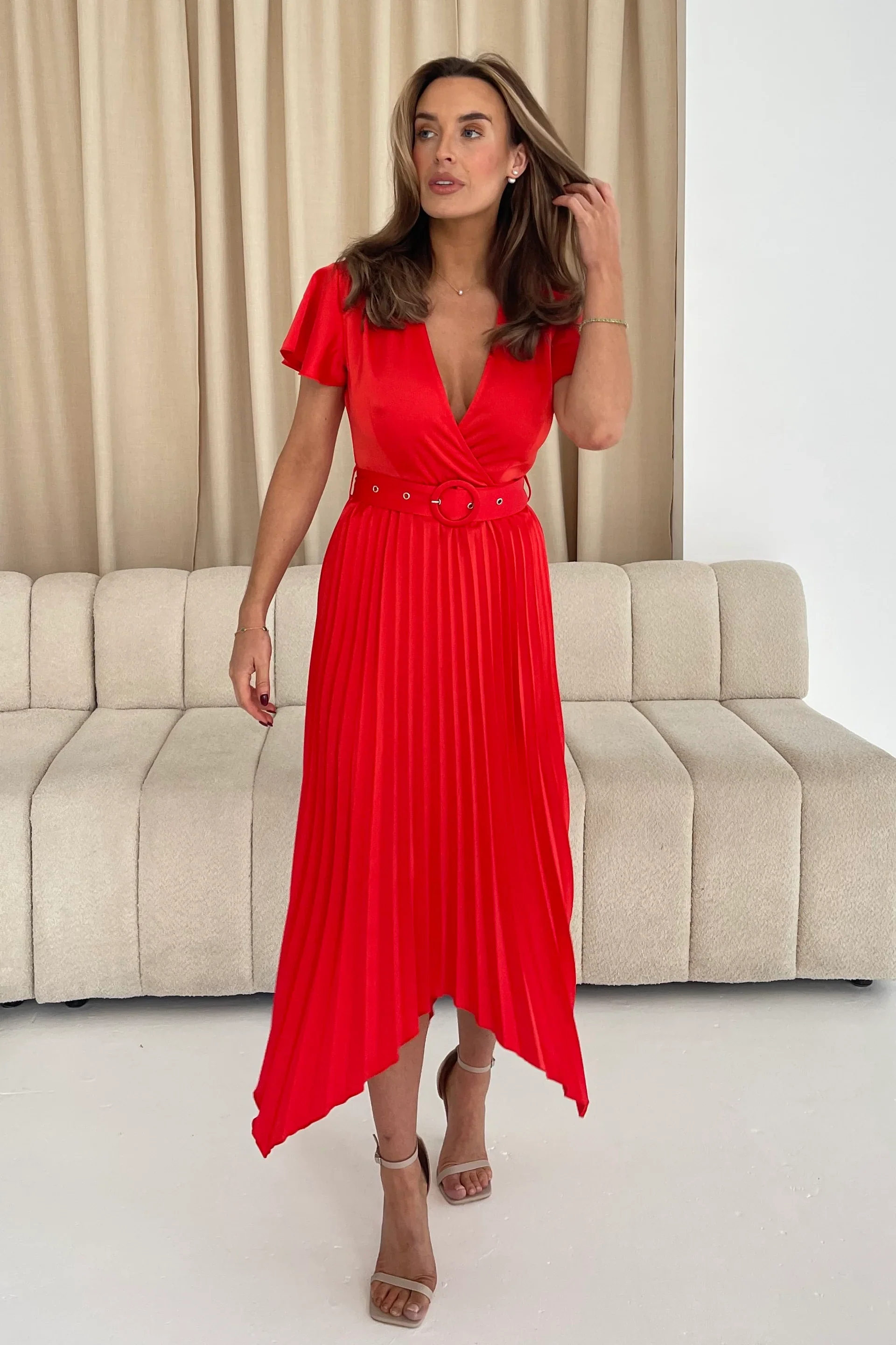 Brooklyn Asymmetric Pleated Midi Dress (Red) - Image 2