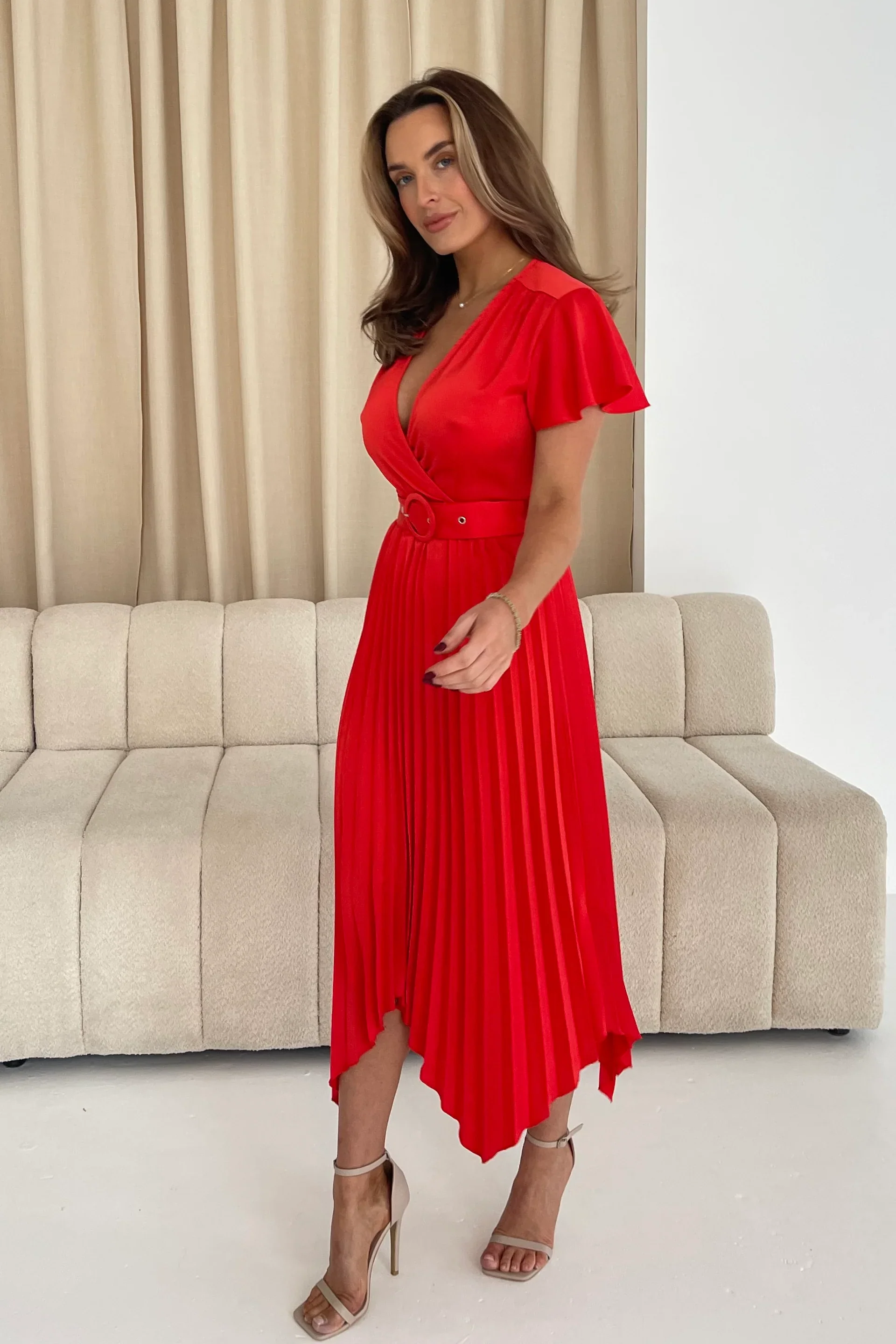 Brooklyn Asymmetric Pleated Midi Dress (Red) - Image 3