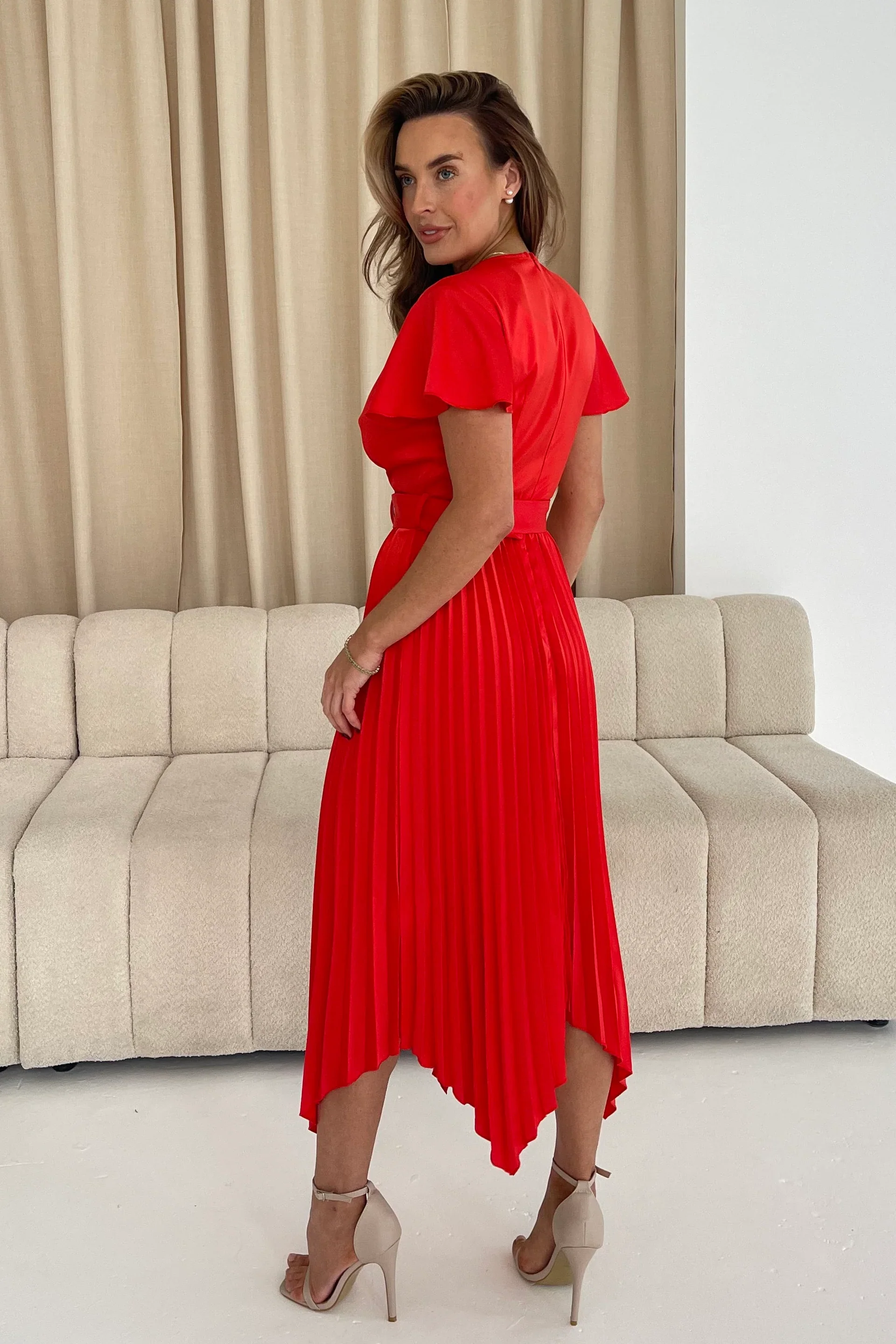 Brooklyn Asymmetric Pleated Midi Dress (Red) - Image 5