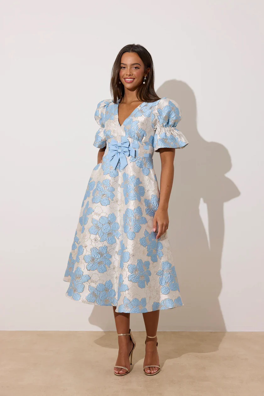 Callie Metallic Puff Sleeve Midi Dress (Pale Blue) - Image 2