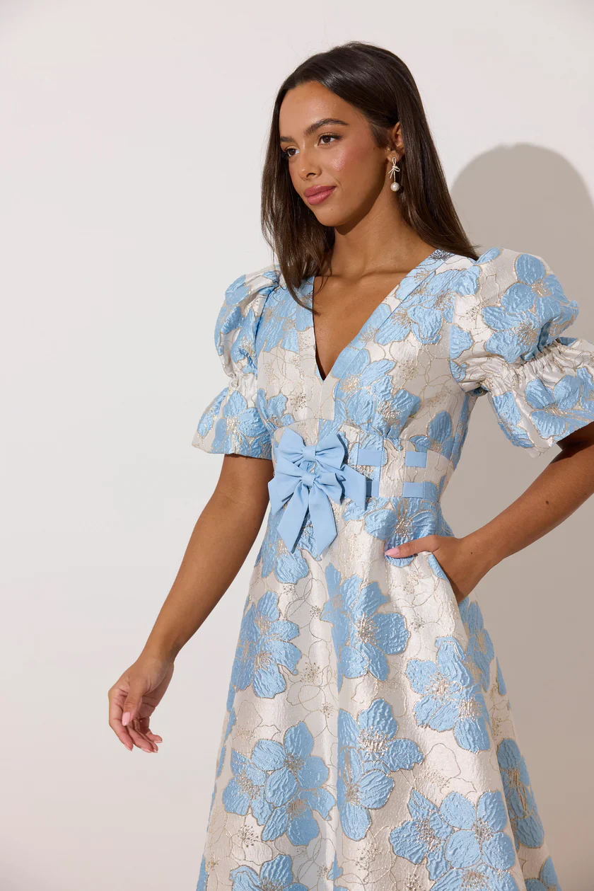Callie Metallic Puff Sleeve Midi Dress (Pale Blue) - Image 3