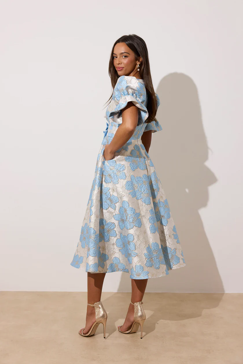 Callie Metallic Puff Sleeve Midi Dress (Pale Blue) - Image 6