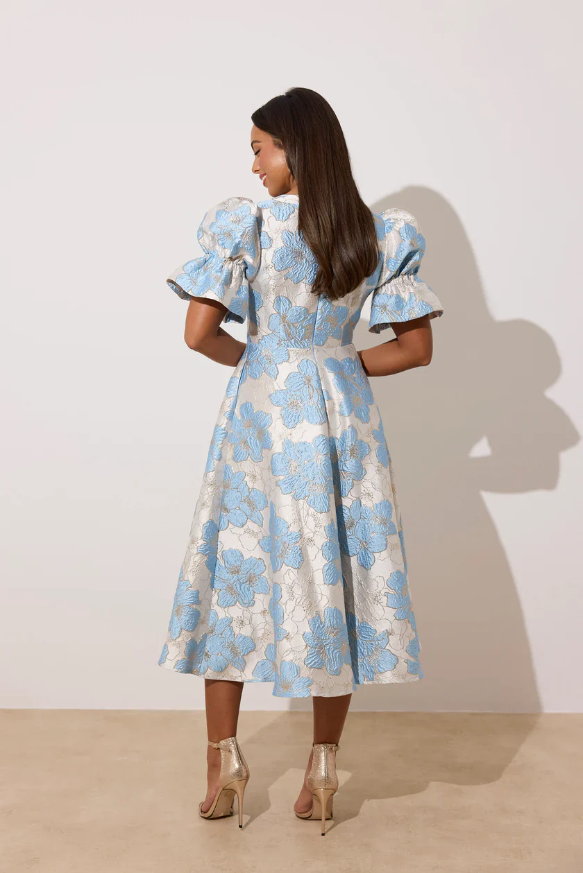 Callie Metallic Puff Sleeve Midi Dress (Pale Blue) - Image 8
