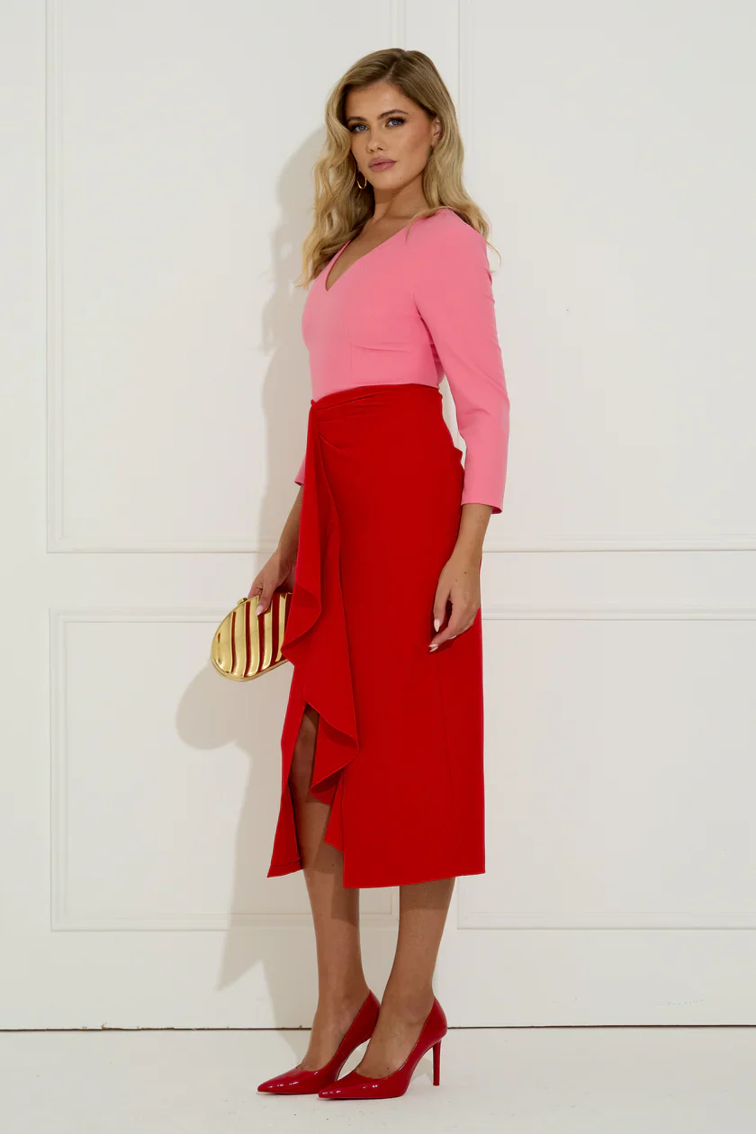 Carmen Frill Midi Dress (Red/Pink) - Image 5